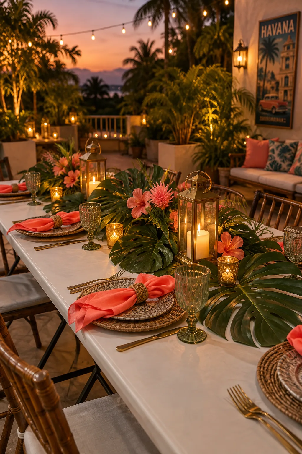 Table setting with large Monstera leaves, coral napkins, and rattan chargers
