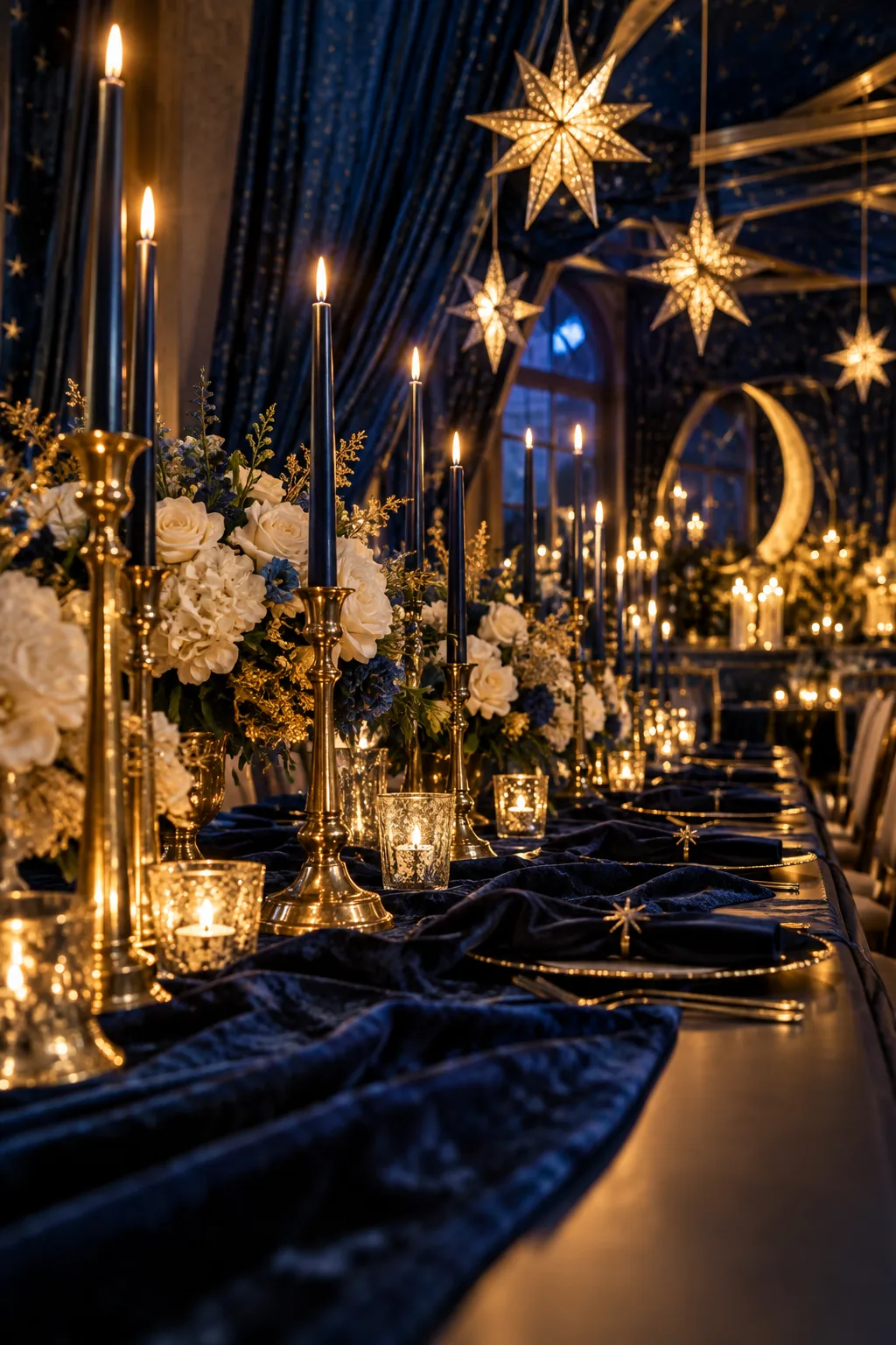 Navy velvet table runner with gold rimmed glasses and star confetti