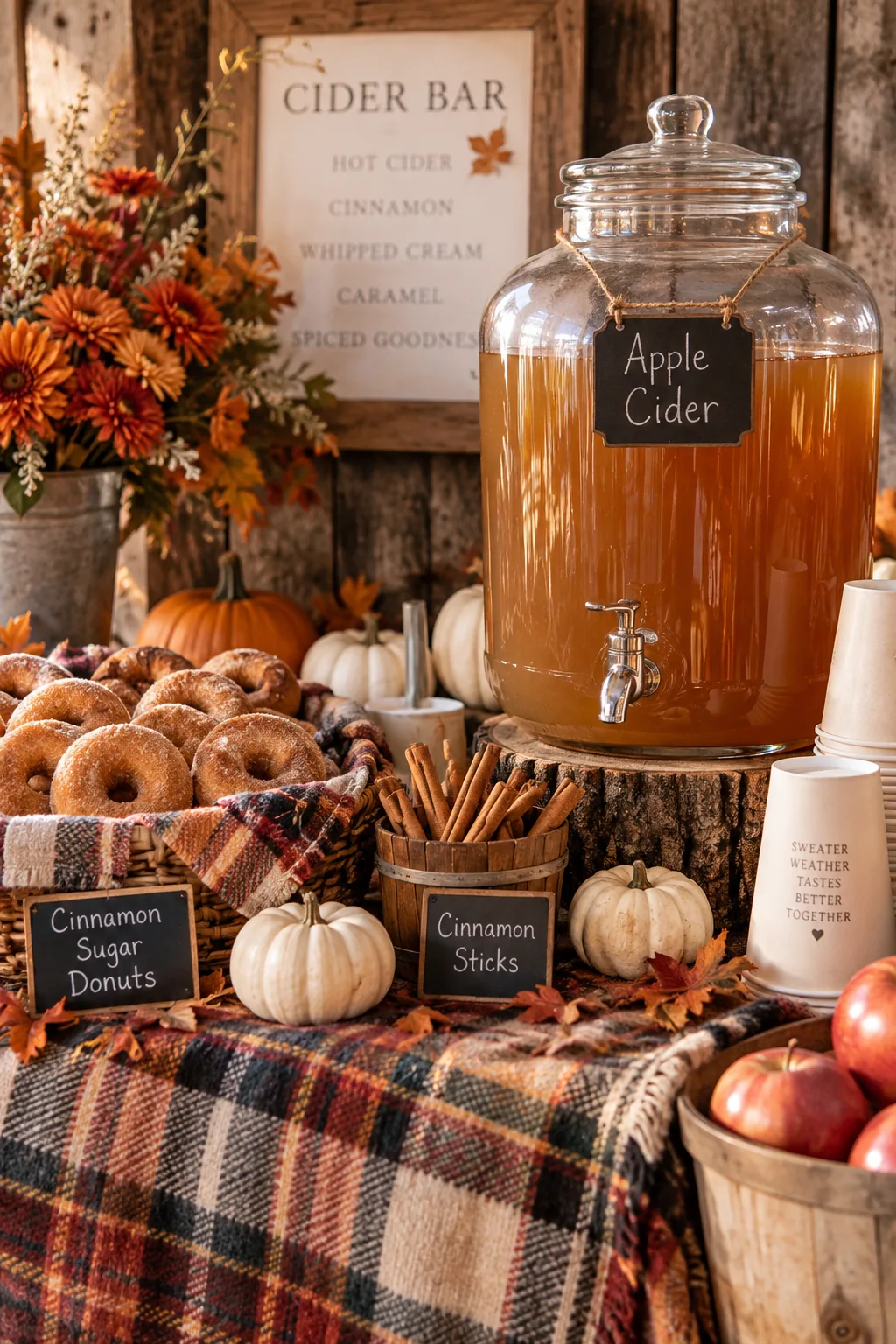 Glass drink dispenser surrounded by miniature white pumpkins on a plaid blanket