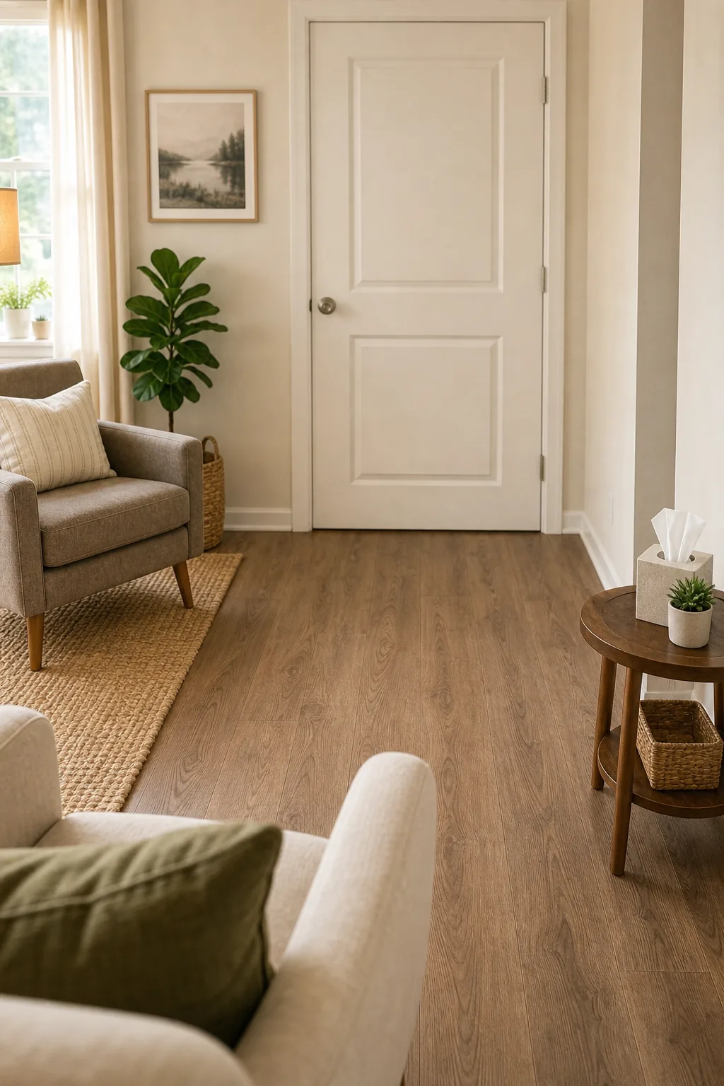 View from a therapy chair showing an empty wooden floor path leading to a closed white door.