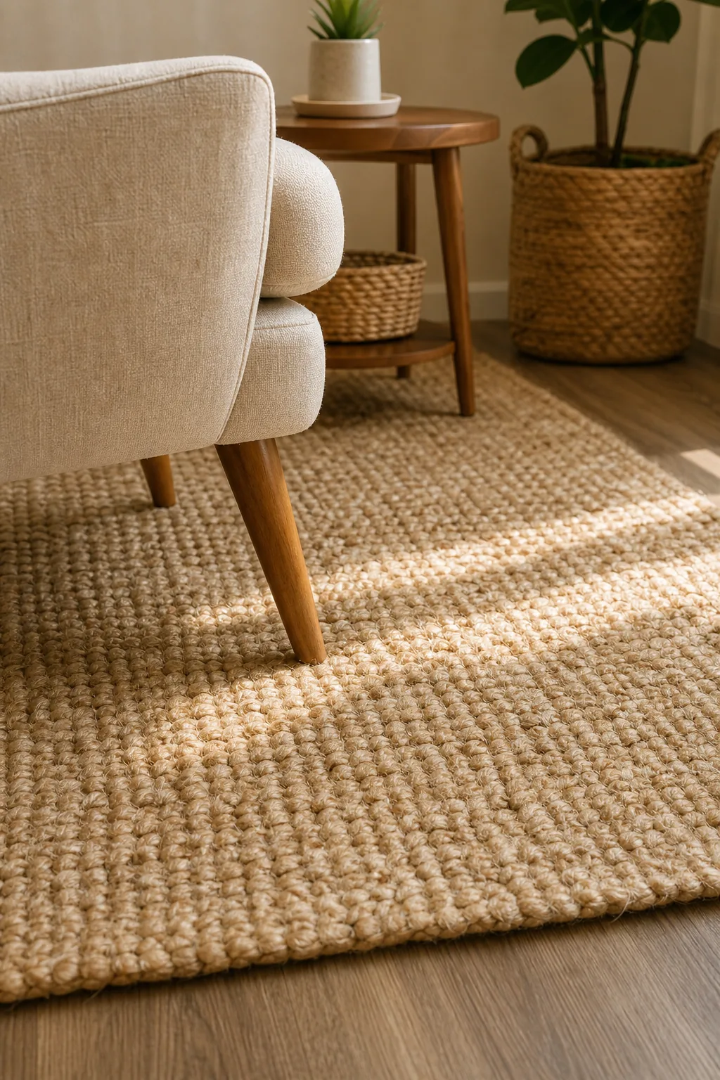 Close-up of a thick, woven natural fiber rug under the wooden legs of an upholstered armchair.