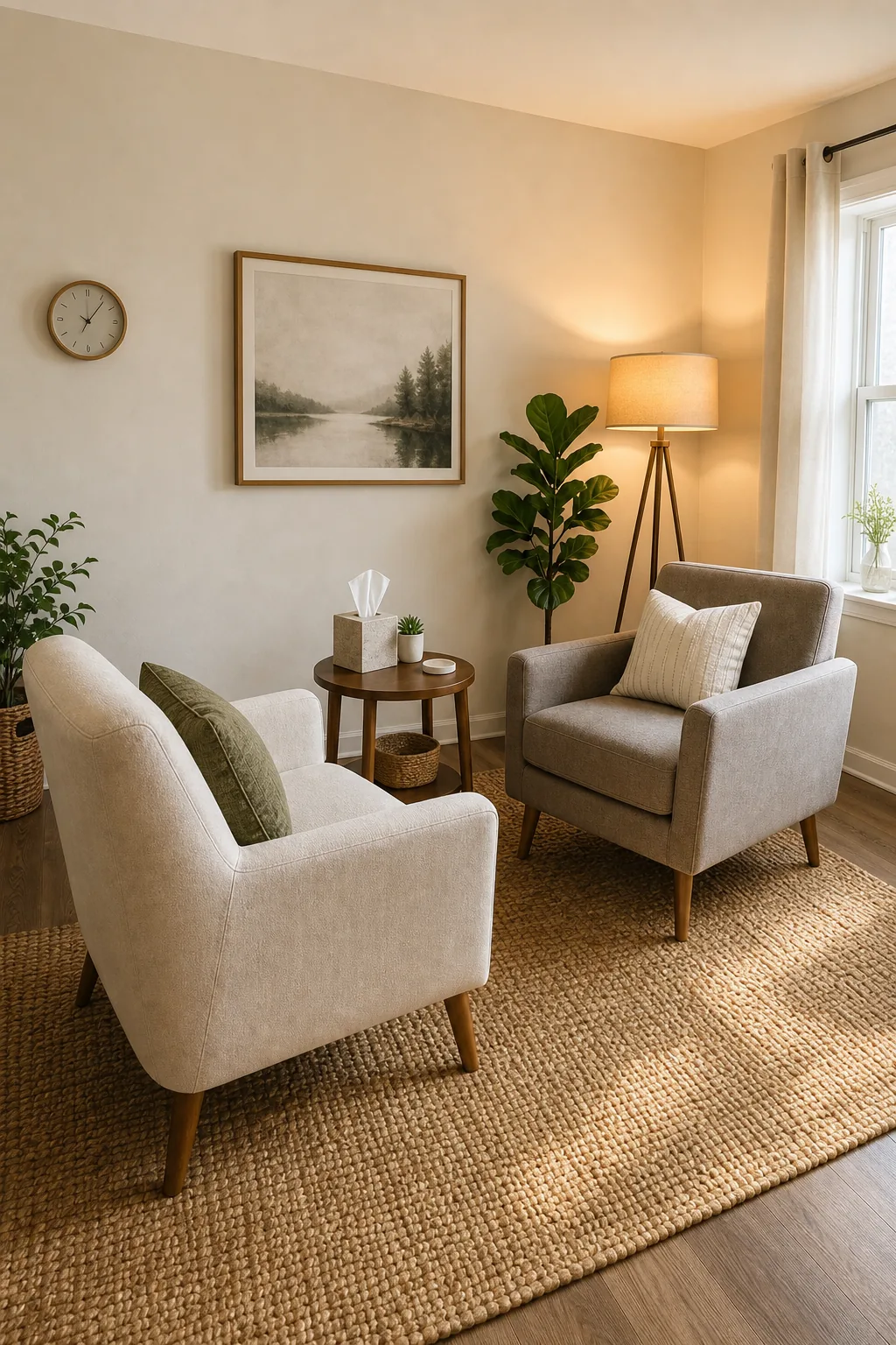 Elevated view of two beige armchairs angled toward each other with a small round side table between them.