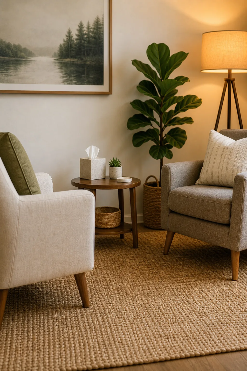 Side profile showing a round wooden side table holding a tissue box between two angled armchairs.