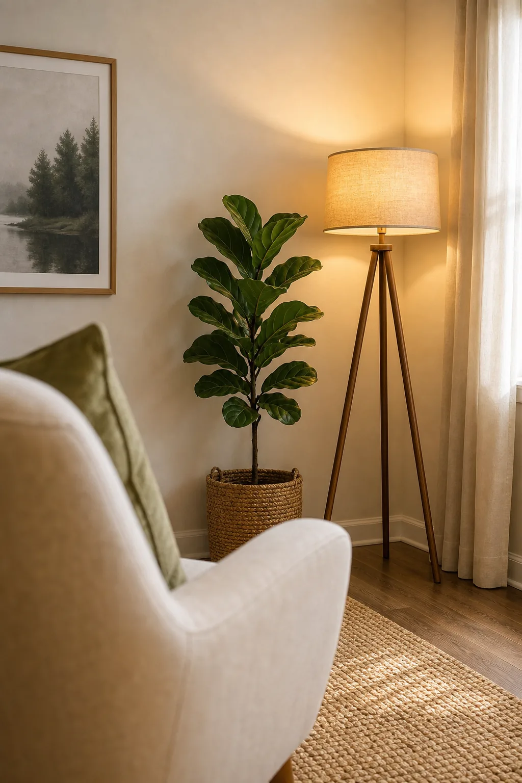 A tripod floor lamp with a fabric shade casting a warm glow against a beige corner wall.