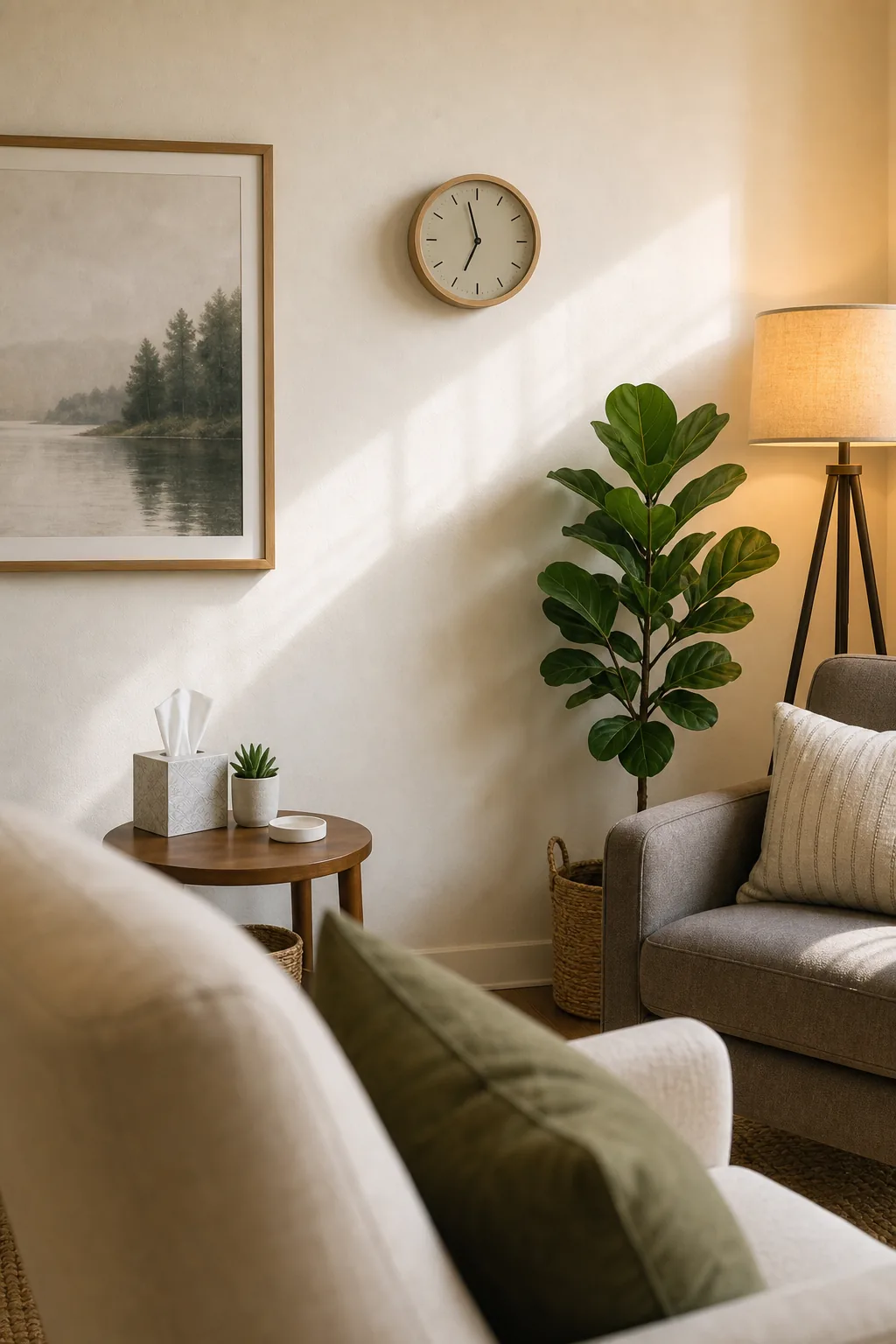 View looking past the back of a beige armchair toward a small wooden wall clock.