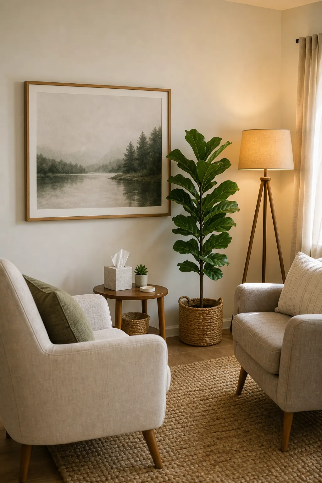 A potted fiddle leaf fig tree standing next to a framed print of a misty lake landscape.