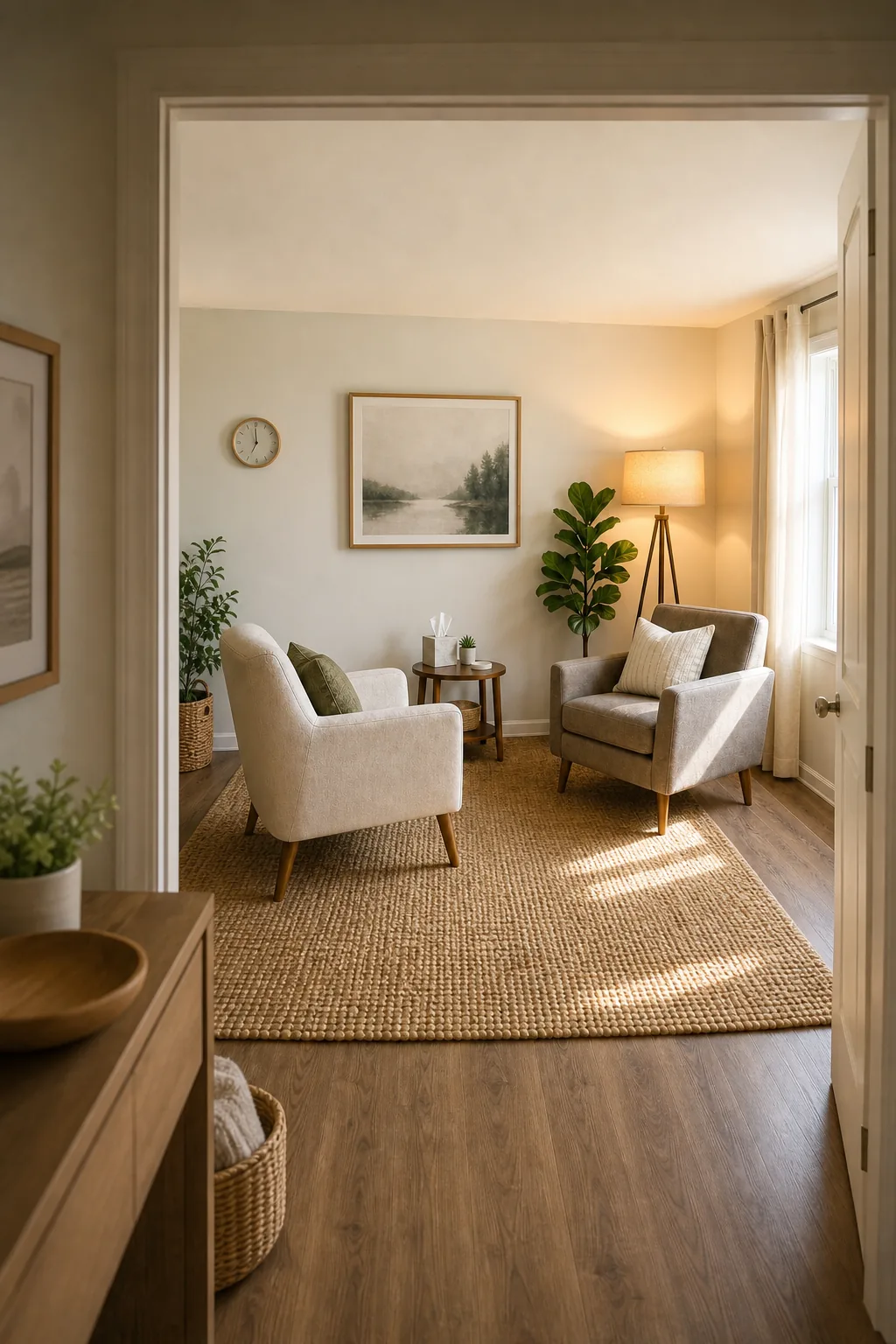 Wide view from an open doorway looking into a calm therapy office with angled chairs and warm lighting.