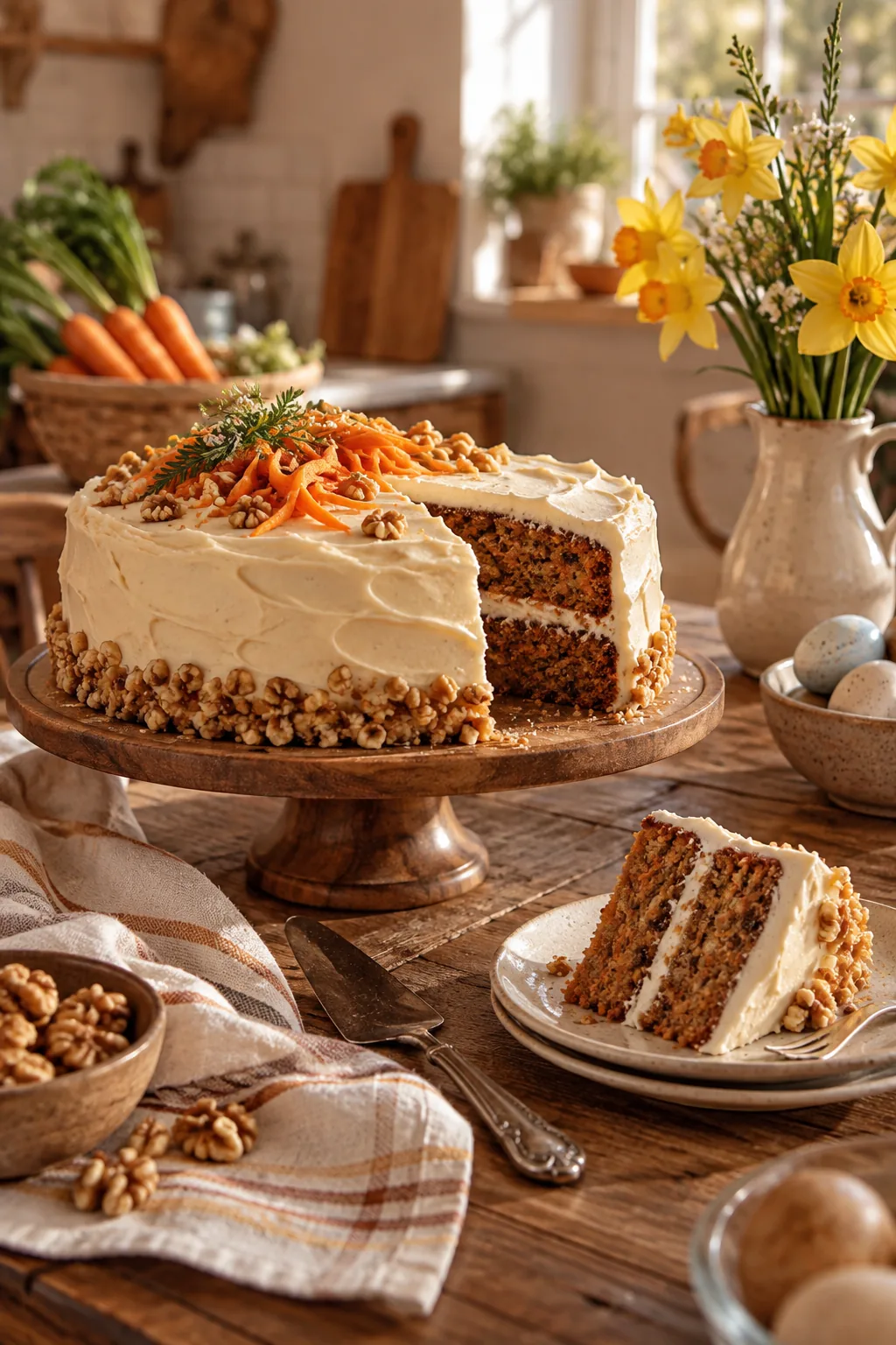 carrot cake with crushed walnuts around the base