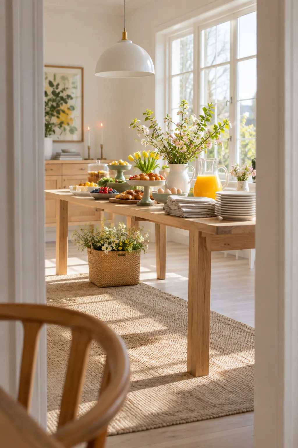 brunch buffet set up by a sunny window