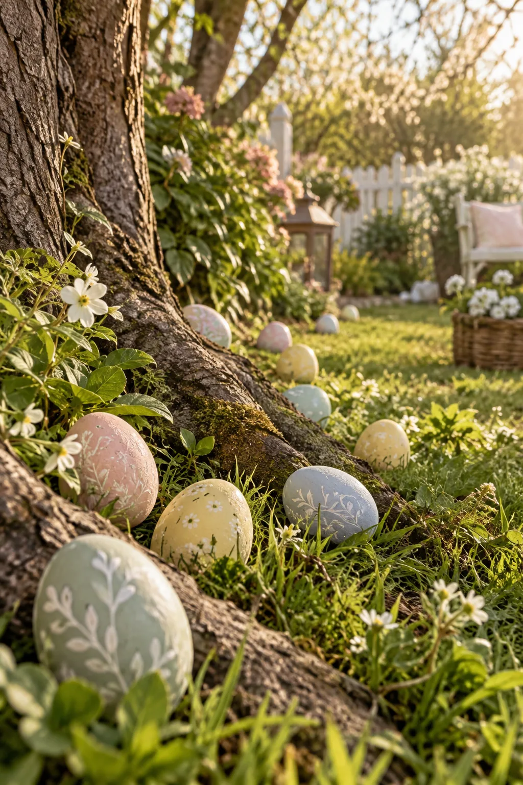 painted wooden eggs hidden in green grass