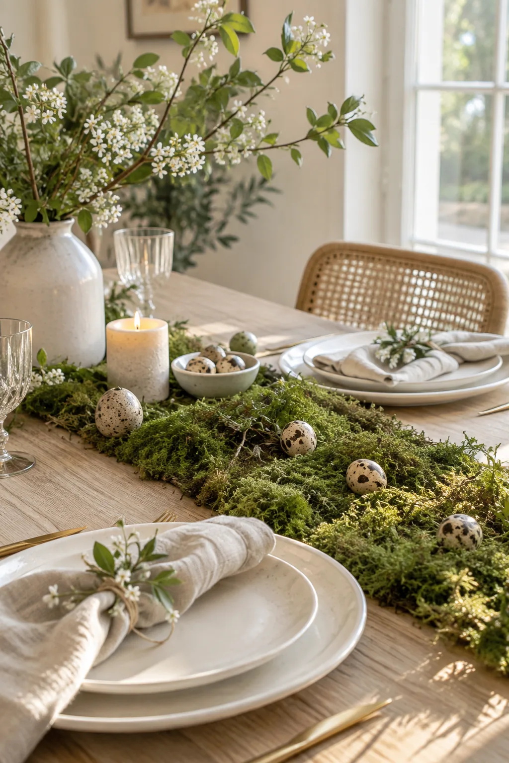 green moss runner on a wood dining table