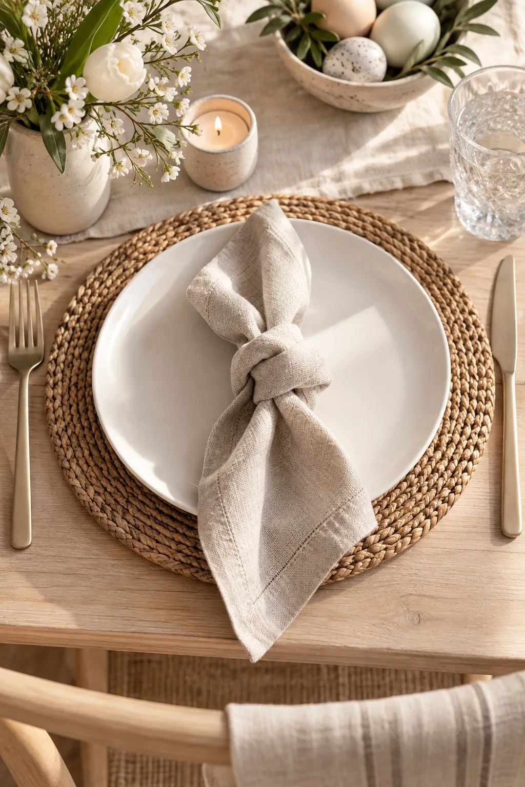 woven rattan charger under a white dinner plate