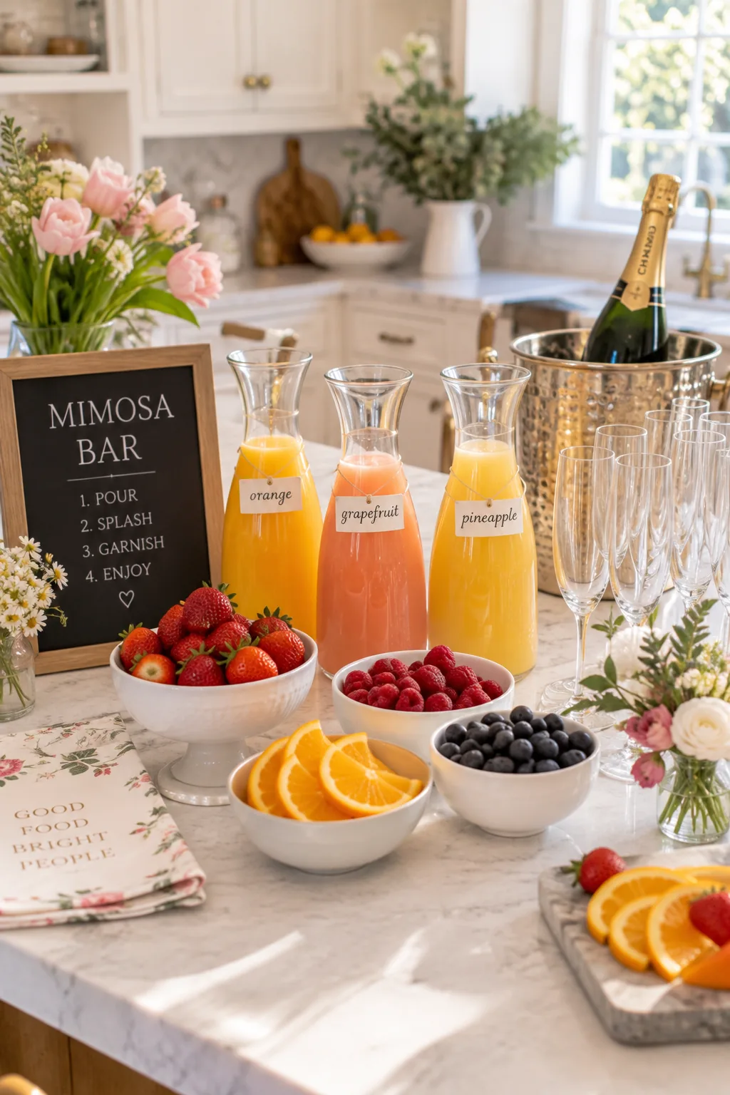 mimosa bar with juice carafes and fresh fruit