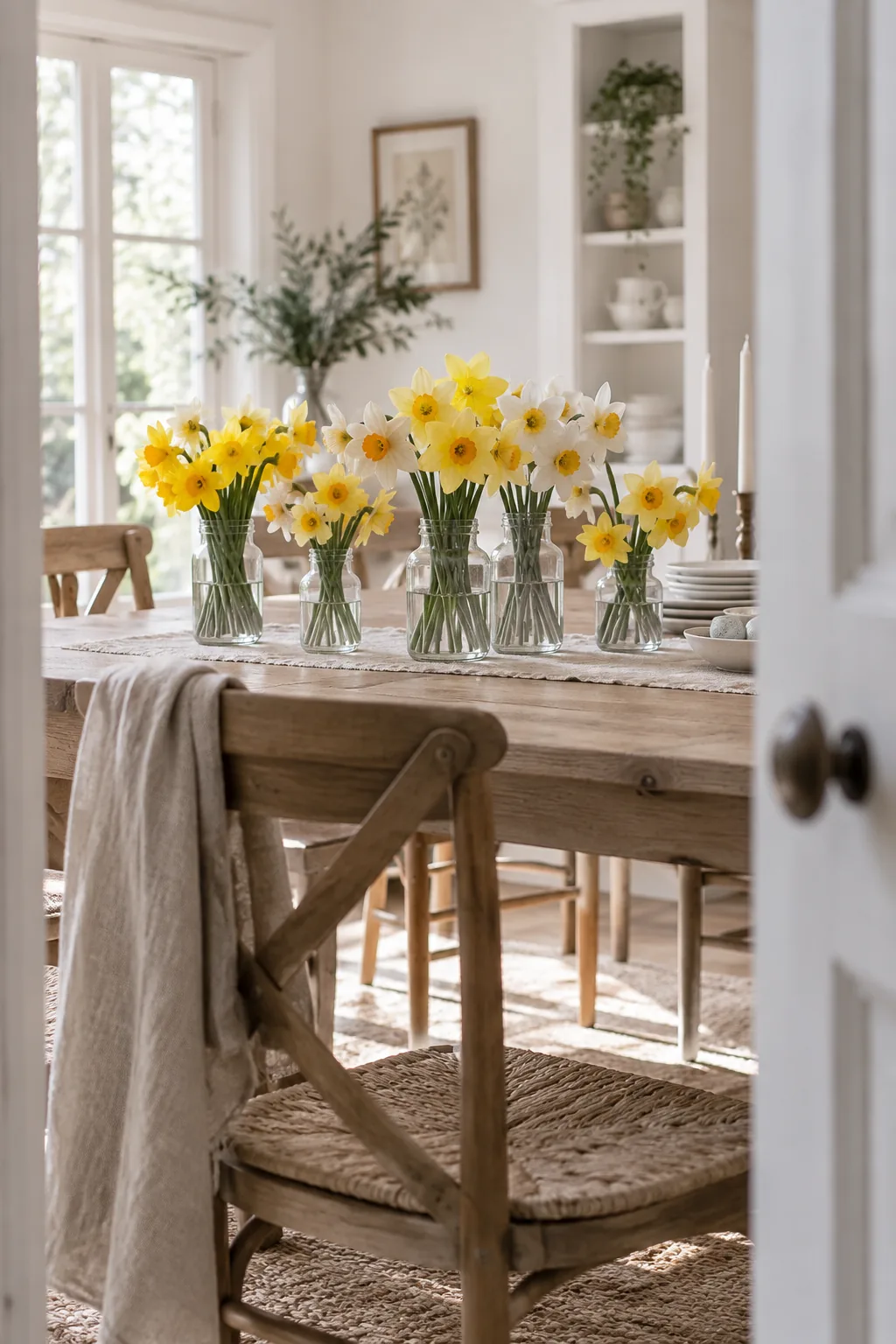 daffodils in recycled glass jars on a table