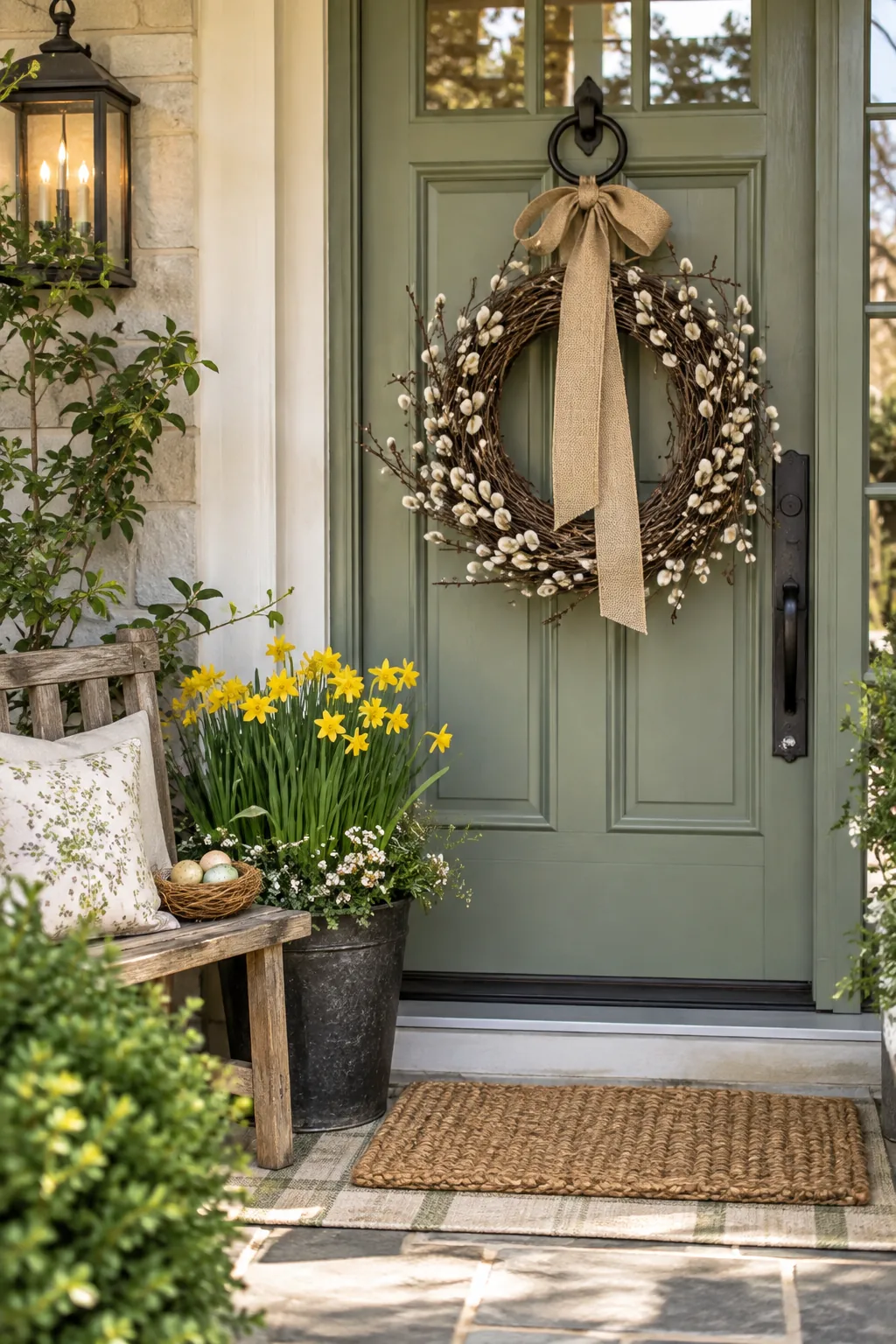 grapevine wreath with pussy willow stems on door