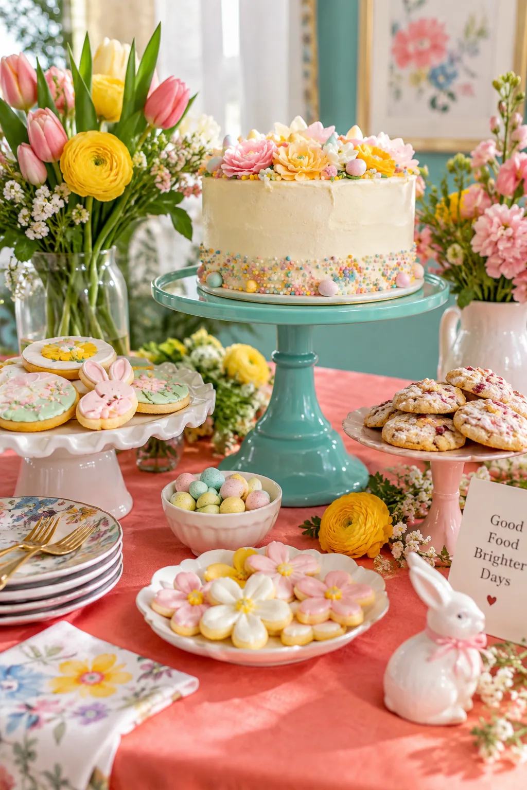 dessert spread with a tall ceramic cake stand