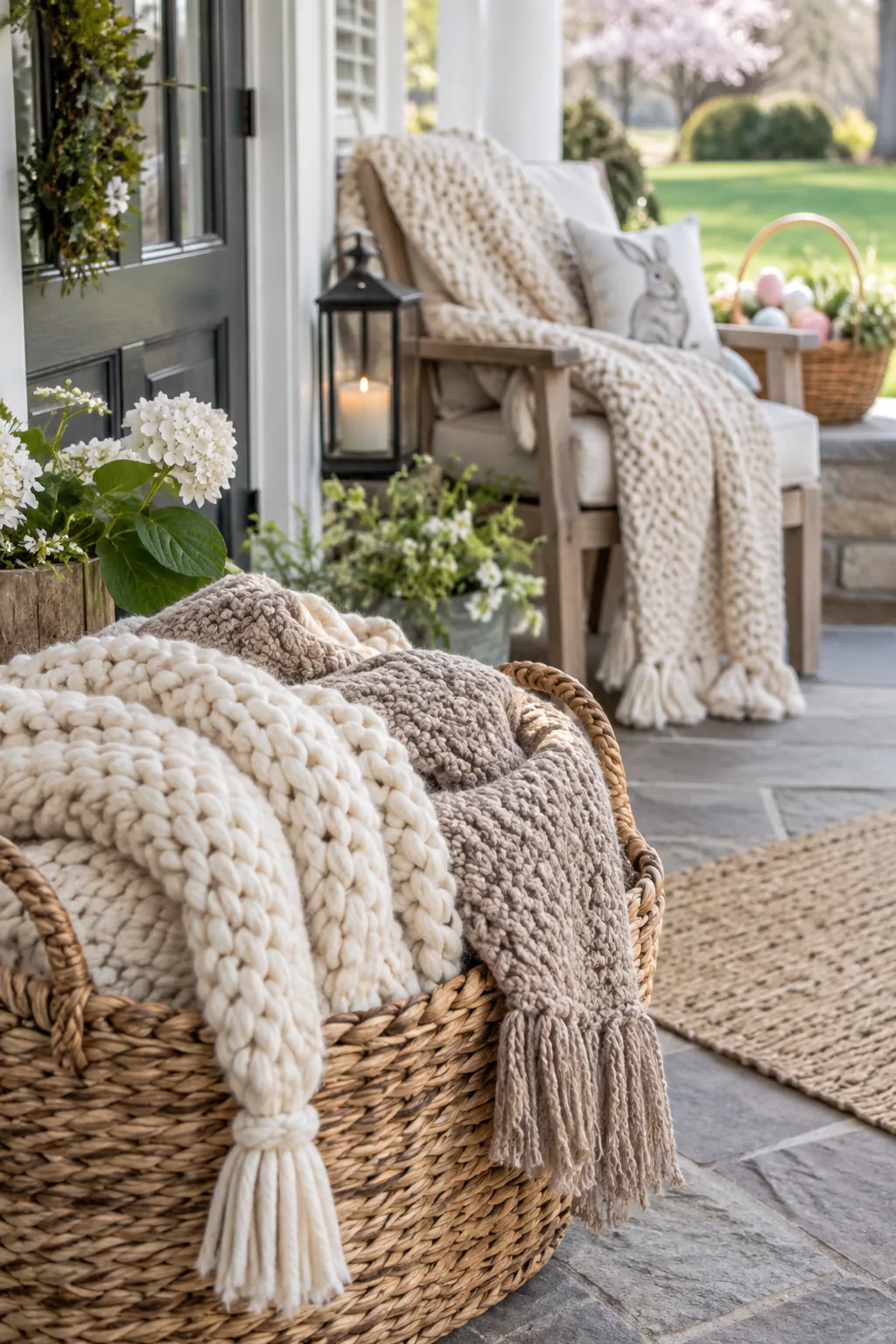 basket of cozy throw blankets near patio door