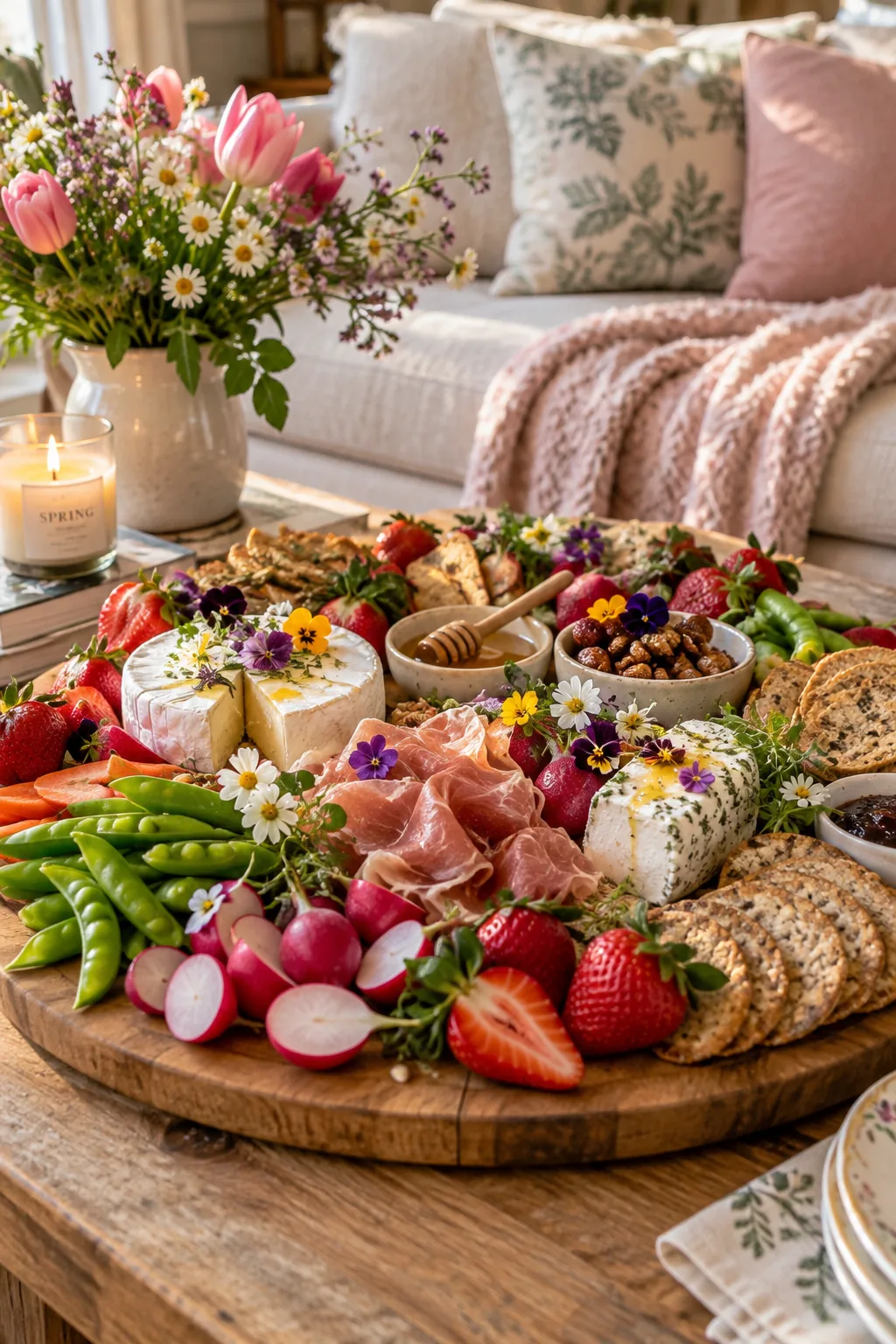 large spring charcuterie board on a coffee table
