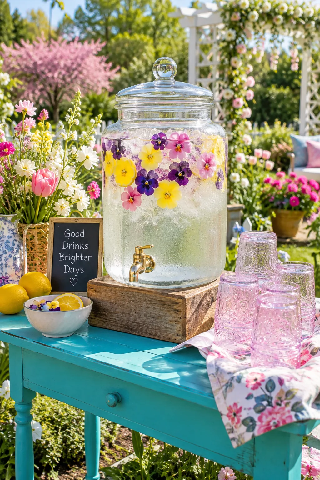 glass beverage dispenser with floating edible flower petals