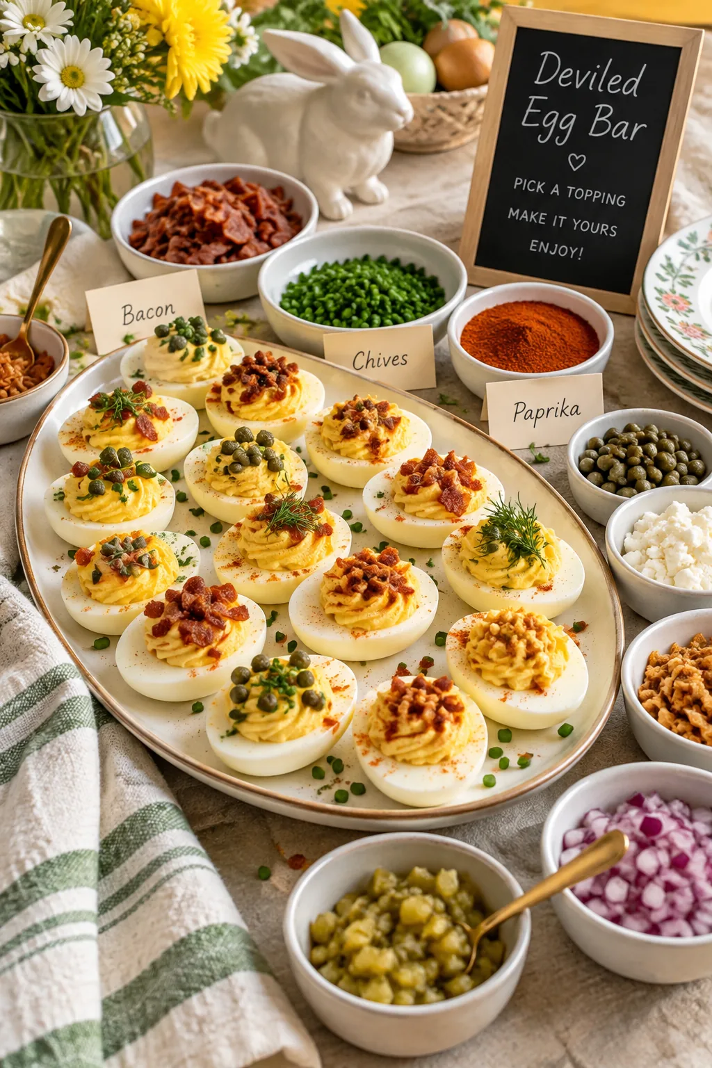 deviled egg bar with bowls of various toppings