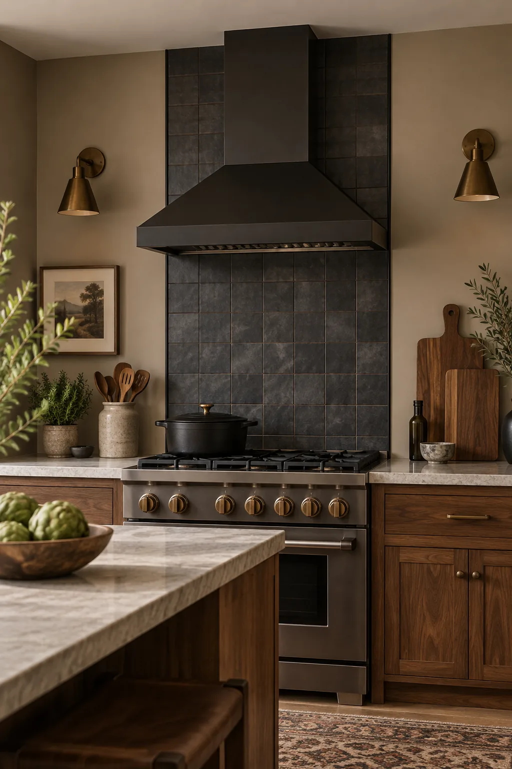 A moody kitchen with a vertical column of matte charcoal tile behind the stove, flanked by taupe walls.