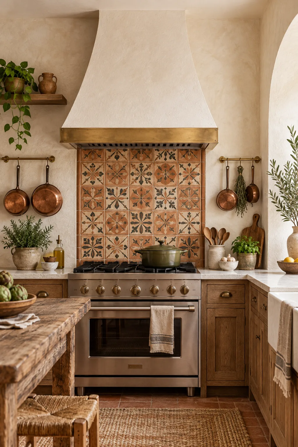 A rustic kitchen with a vertical column of hand-painted terracotta tile behind the stove.