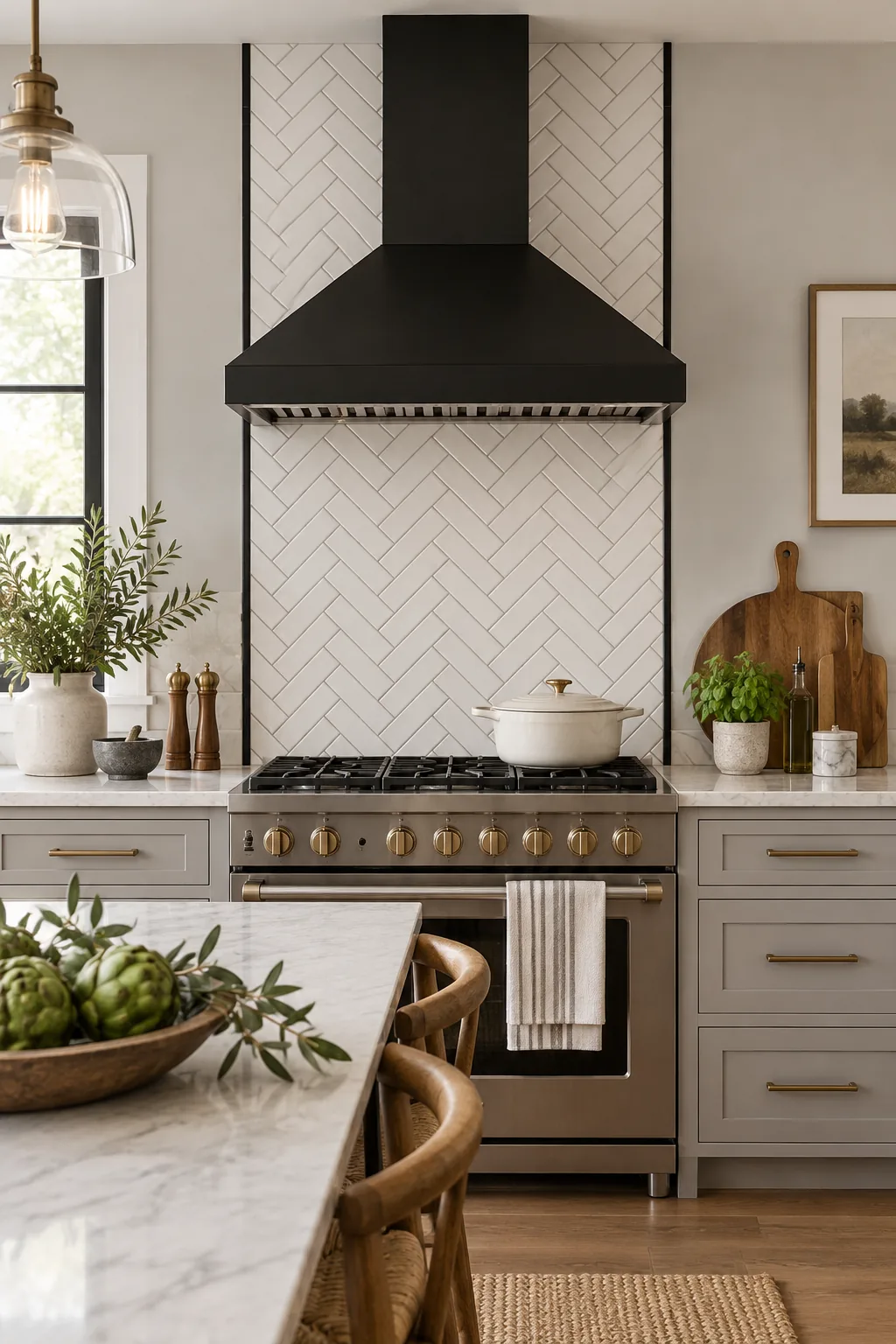 A classic kitchen with a vertical column of white herringbone subway tile behind the stove.