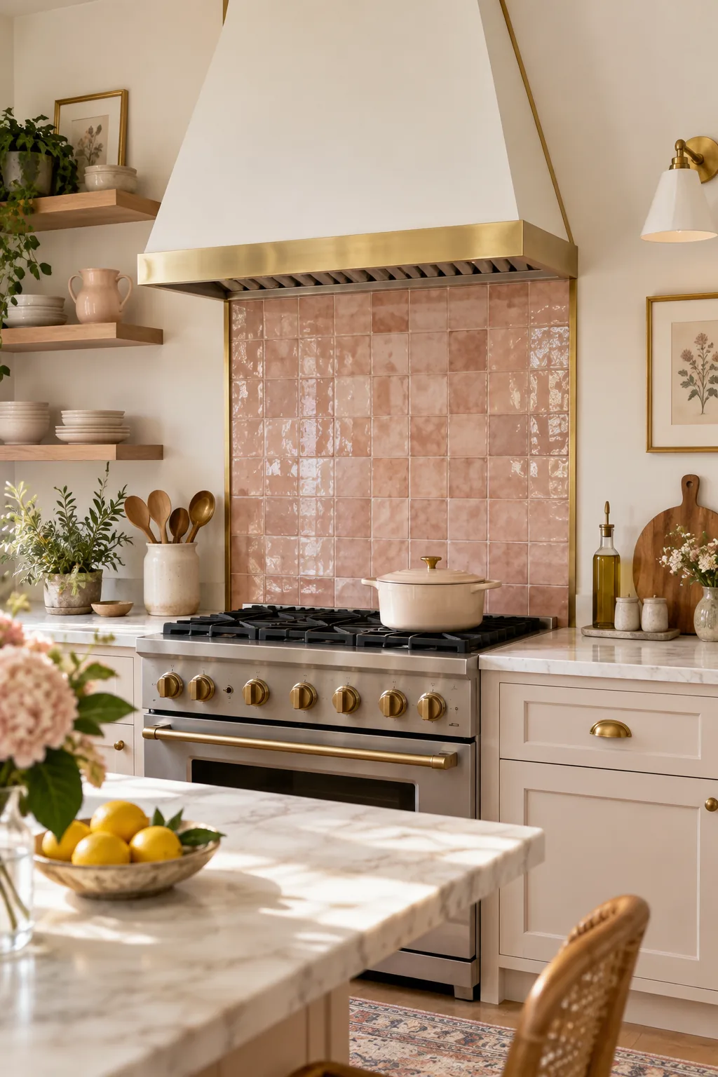 A warm kitchen with a vertical column of soft pink zellige tile behind the stove.