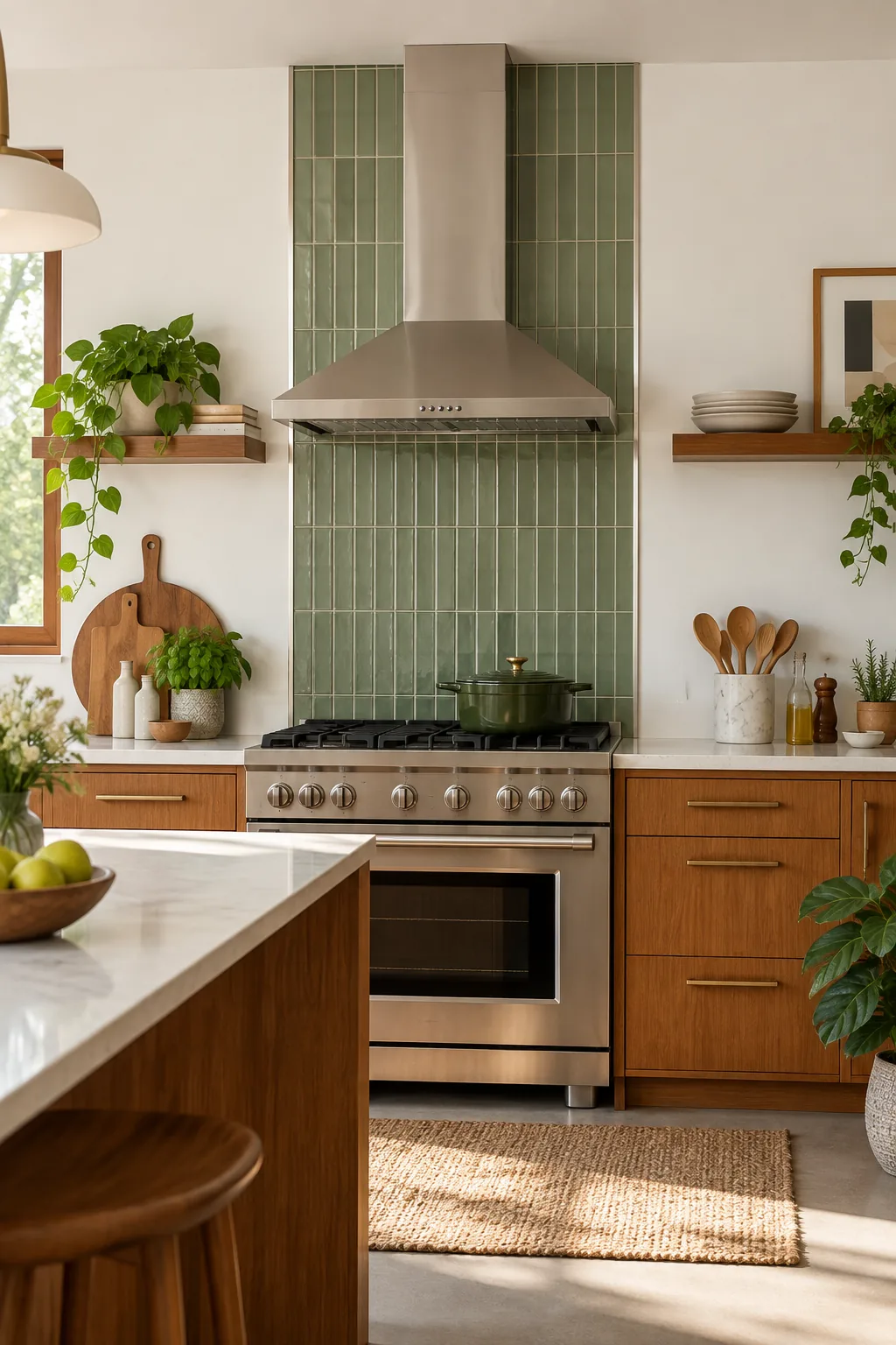 A mid-century modern kitchen with a vertical column of vertically stacked sage green tile behind the stove.