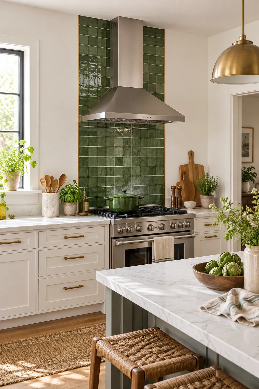 Wide view of a kitchen featuring a vertical column of green tile behind a stainless steel stove.