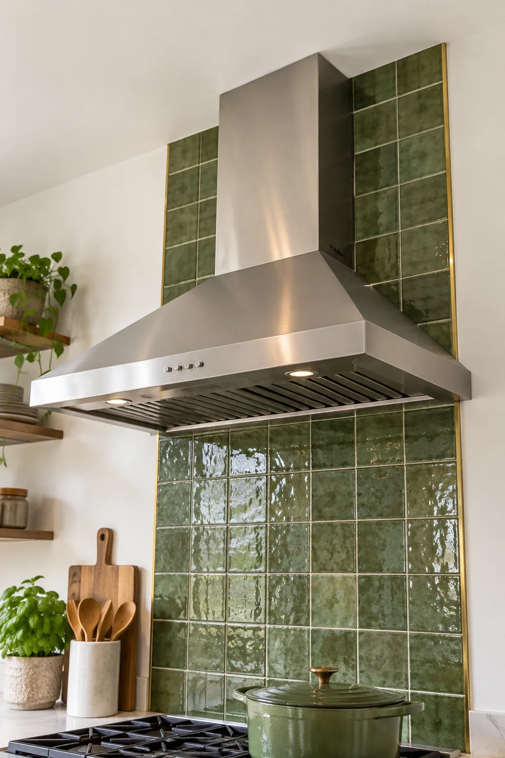 Close-up of whole green square tiles meeting a white kitchen ceiling perfectly above a range hood.
