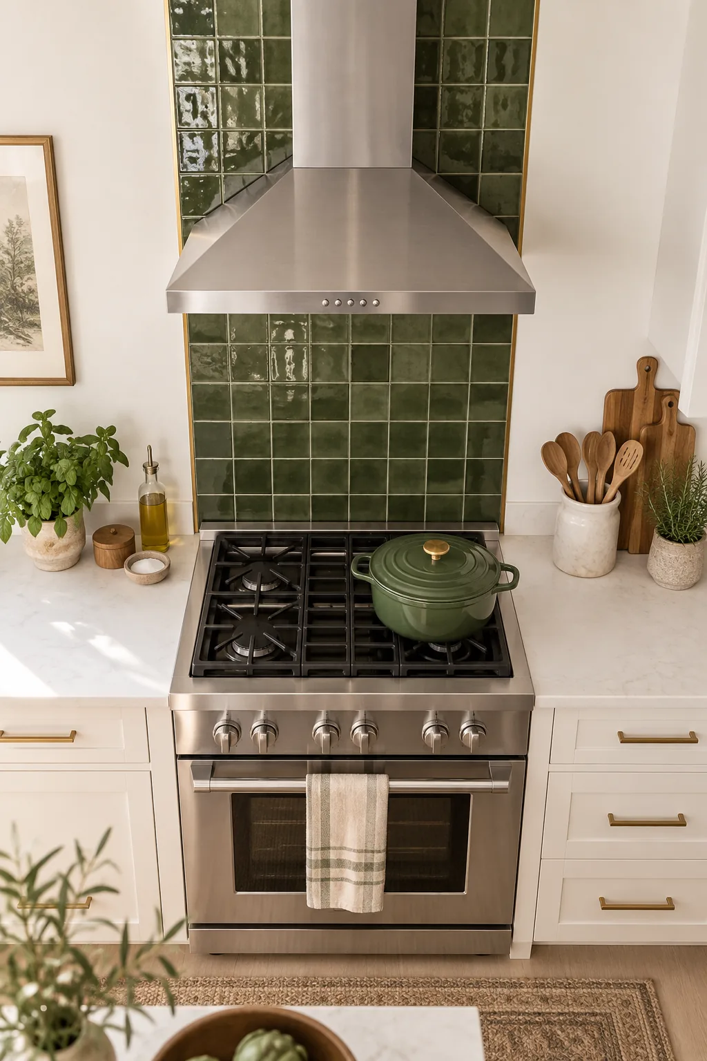 Straight-on view showing green backsplash tile perfectly aligned with the width of the stainless steel range hood above it.