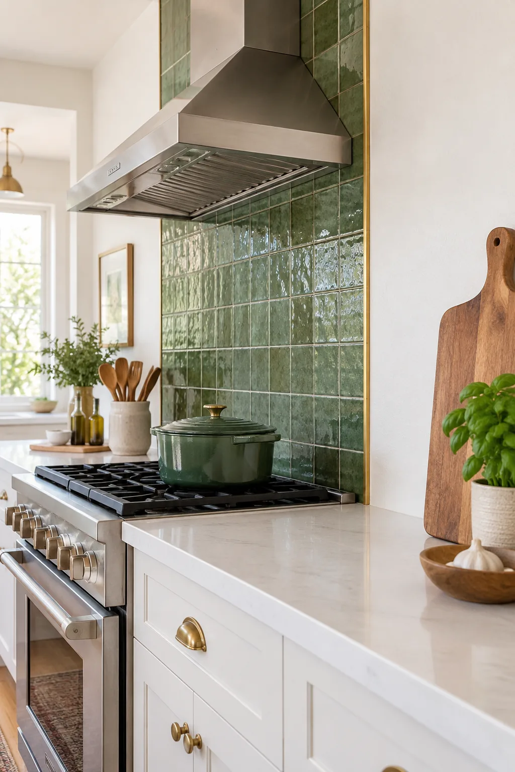 Close-up of a thin brass metal edge profile finishing the side of a green tile backsplash against a white wall.