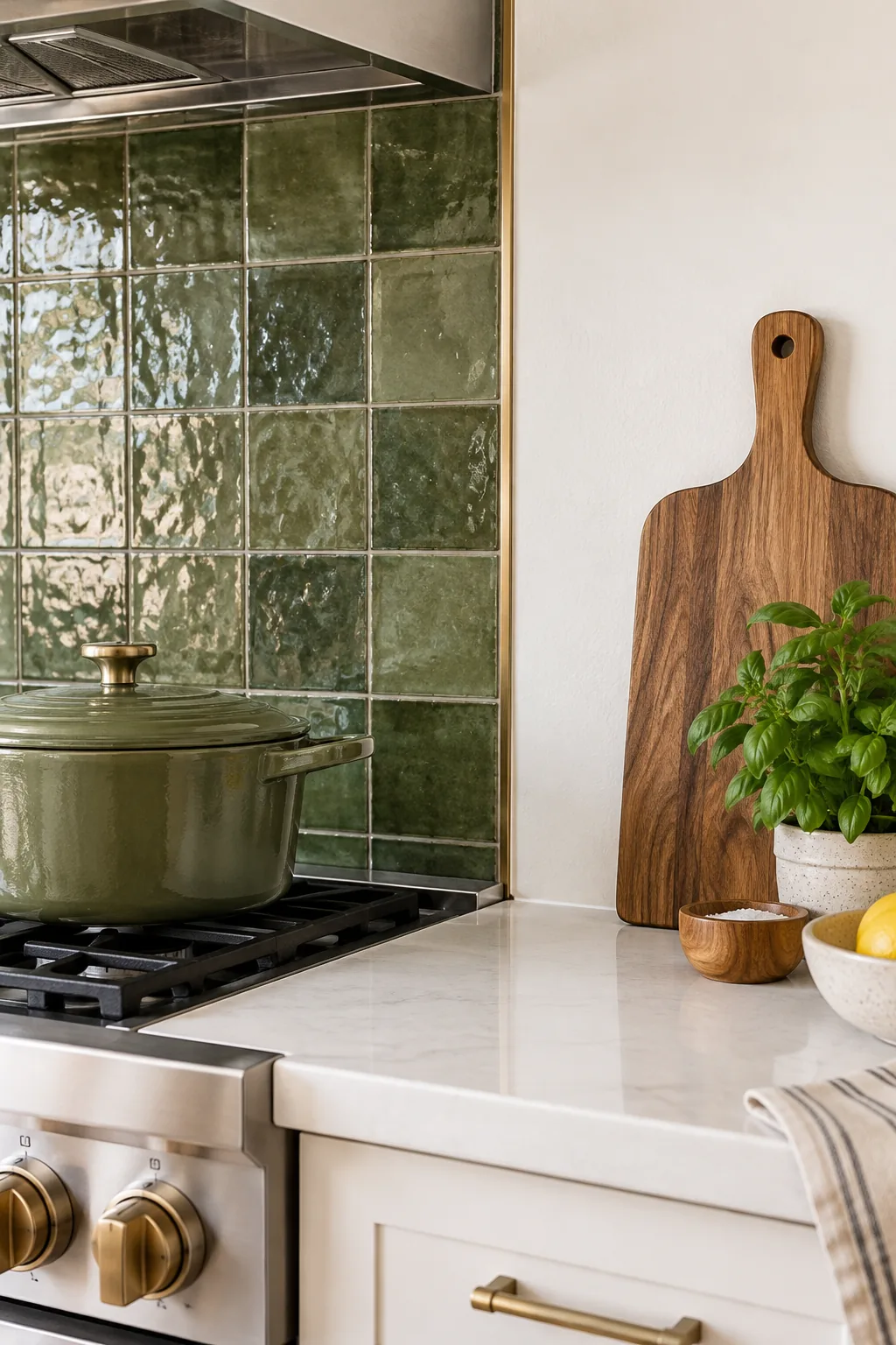 A wooden cutting board leaning against a pristine white painted wall right next to a green tile backsplash.
