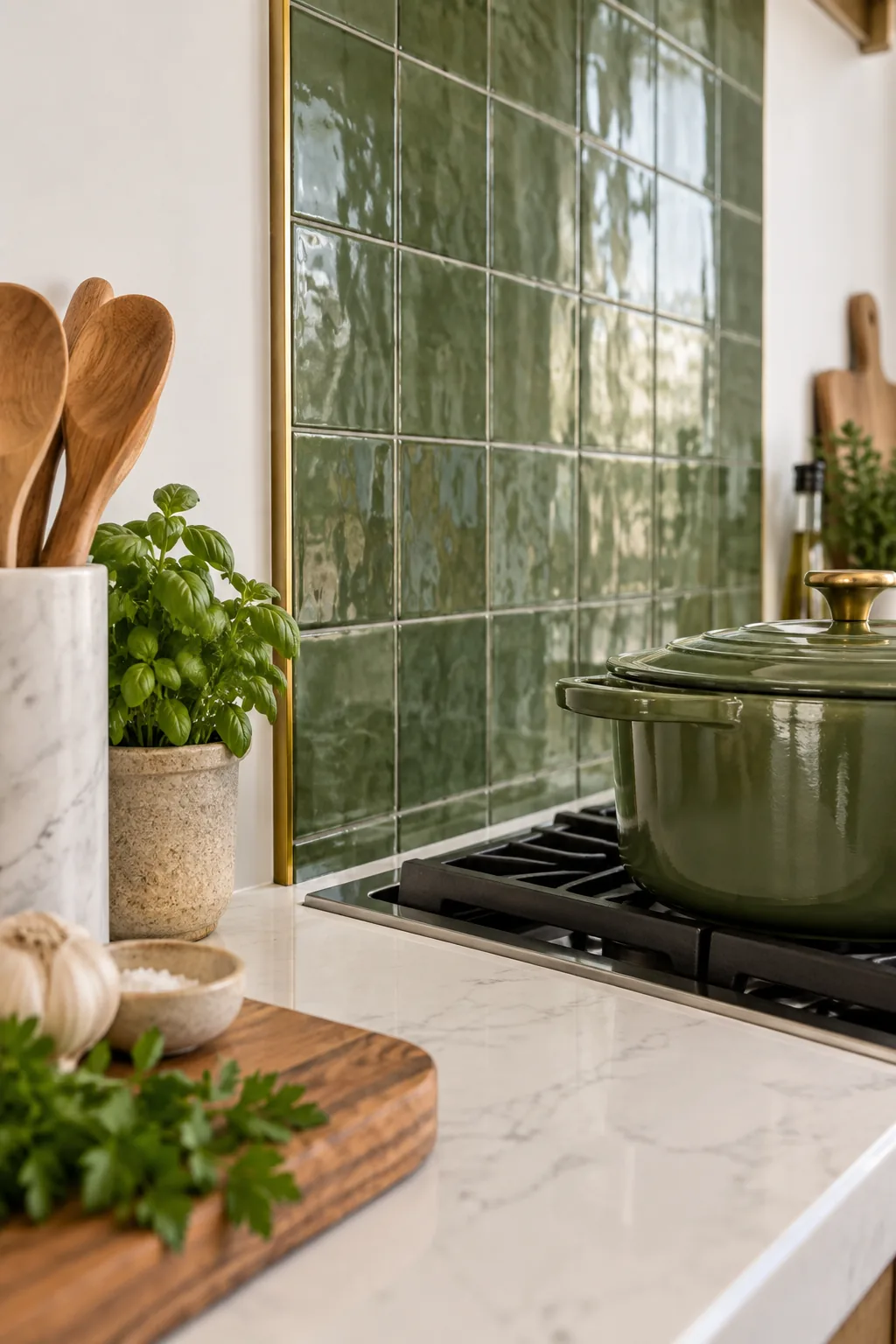 Close-up of the seam where a green tile backsplash meets a white quartz countertop, sealed with clear silicone.