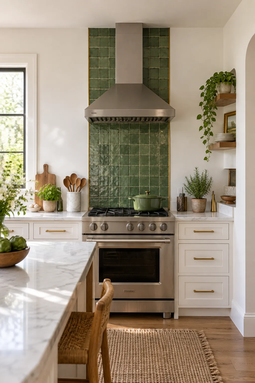 A styled kitchen counter with wooden spoons and herbs flanking a central green tile backsplash.