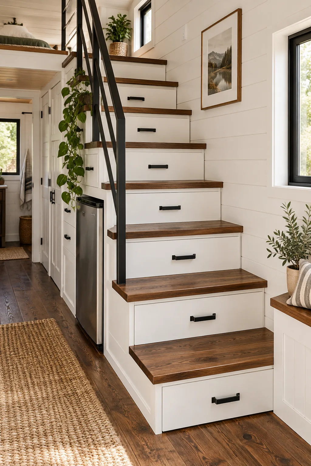 Modern farmhouse tiny house stairs with white shiplap and dark walnut treads.