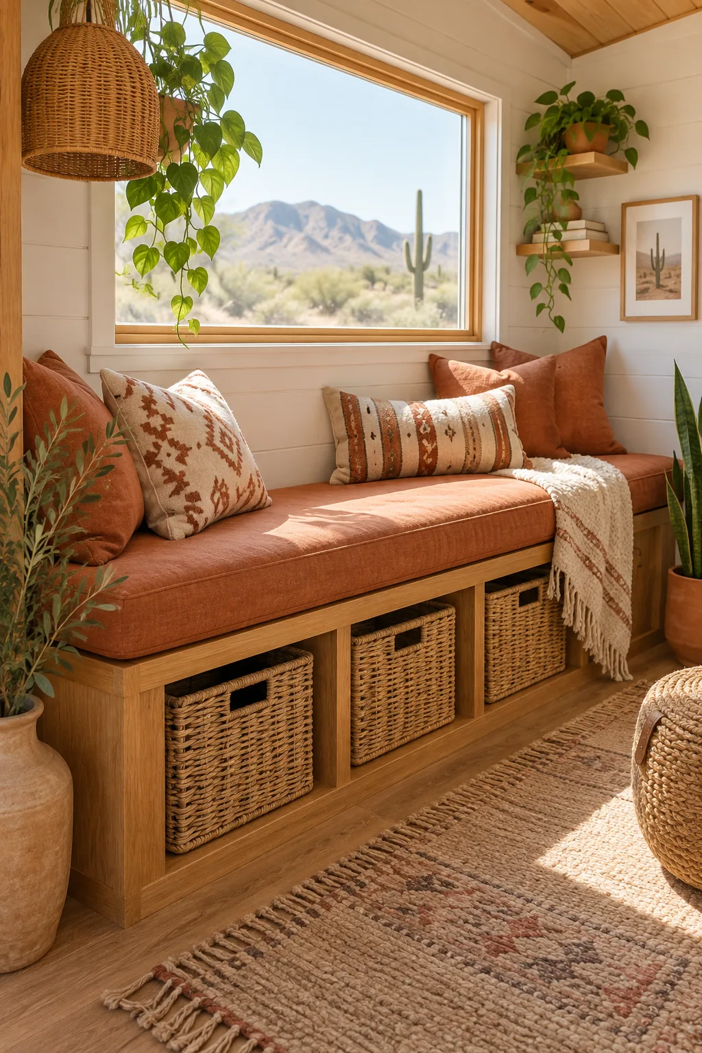 Boho tiny house window seat with terracotta cushions and rattan baskets.