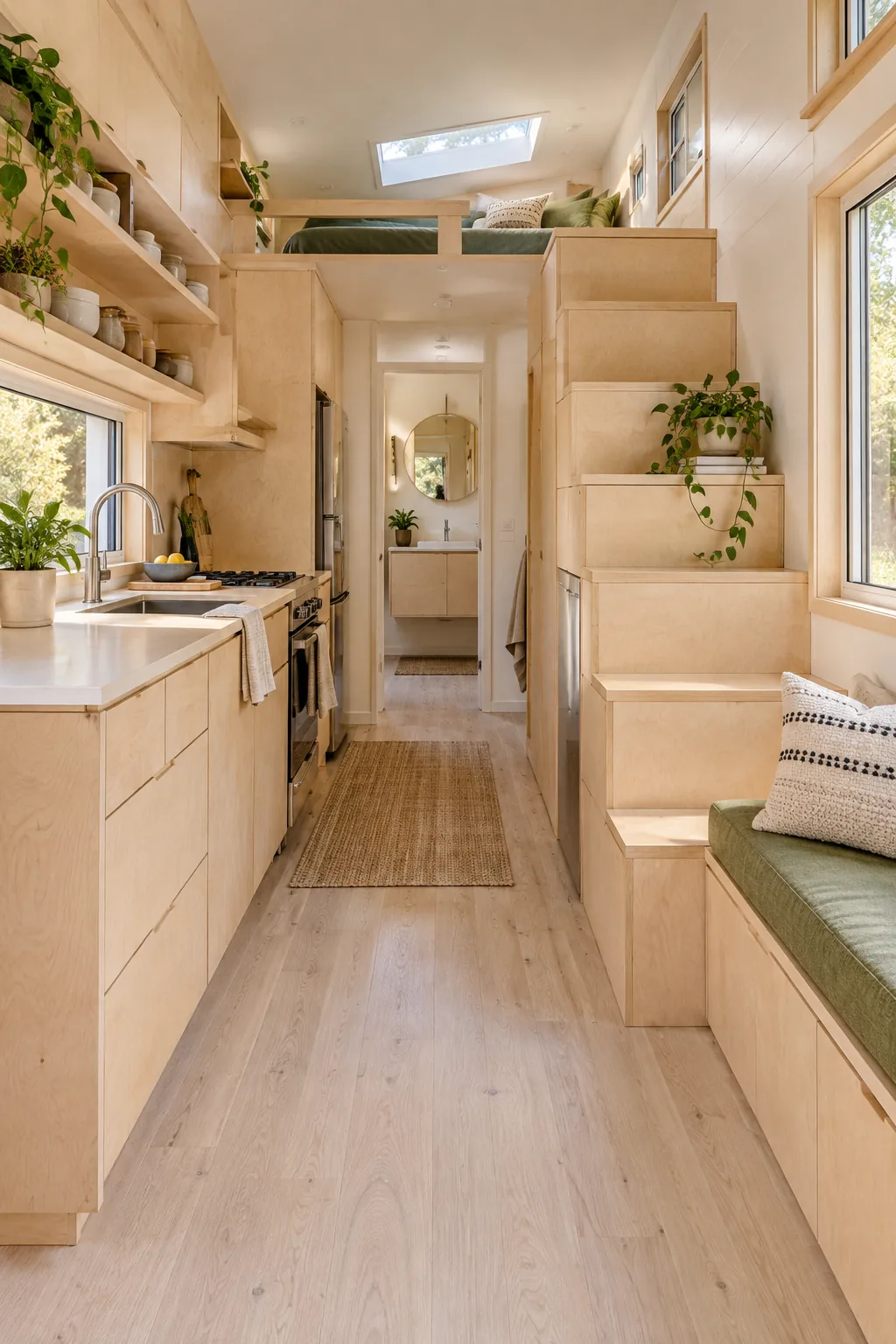 Minimalist Scandi tiny house interior built entirely from pale birch plywood.