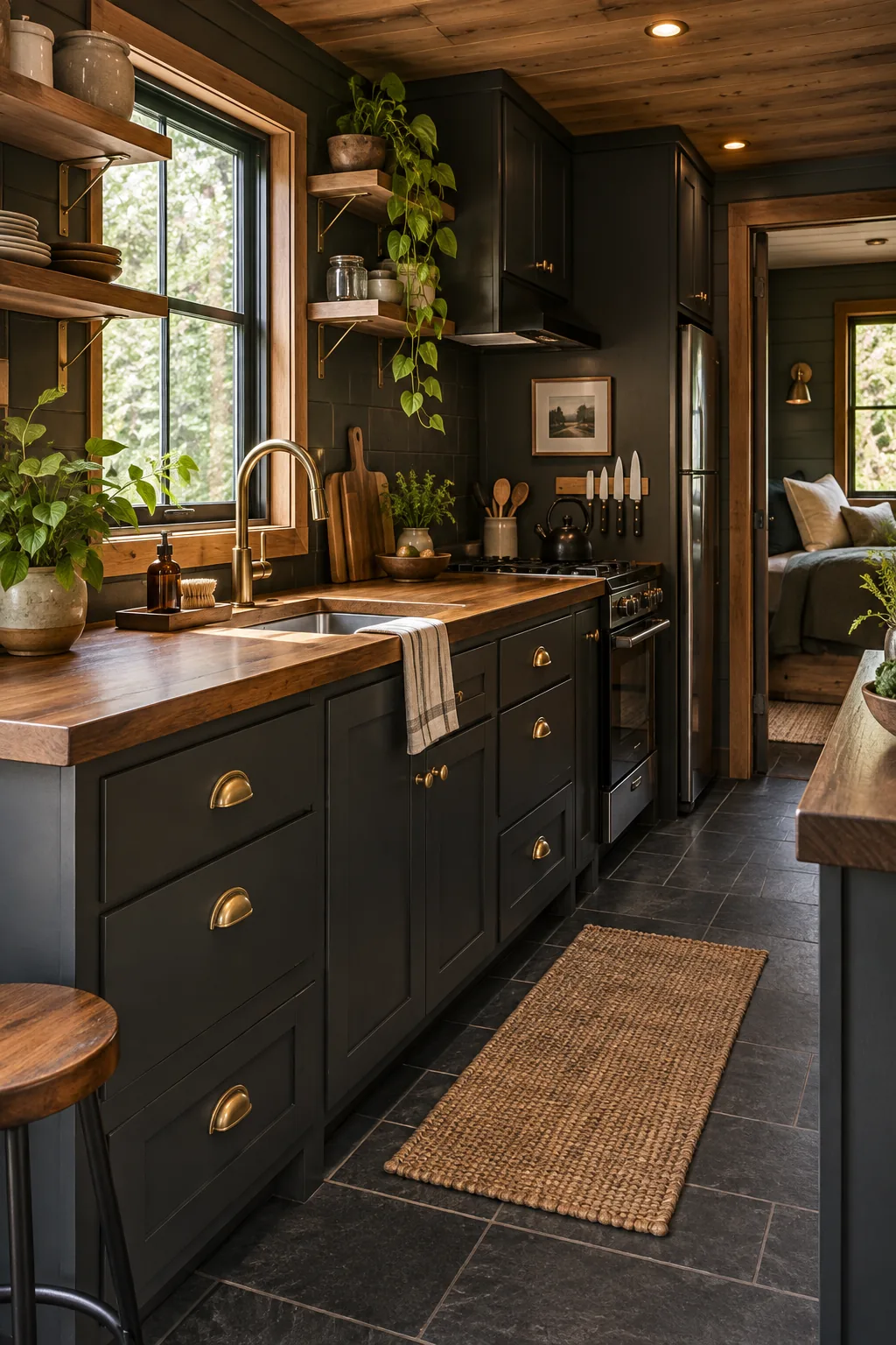 Moody cabin tiny house kitchen with charcoal cabinets and brass hardware.