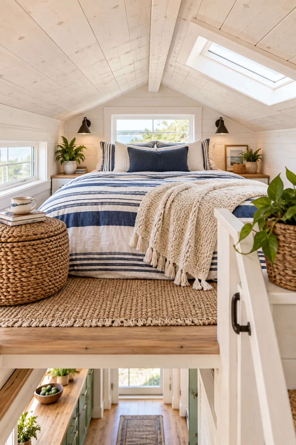 Coastal cottage tiny house loft with whitewashed ceilings and striped bedding.