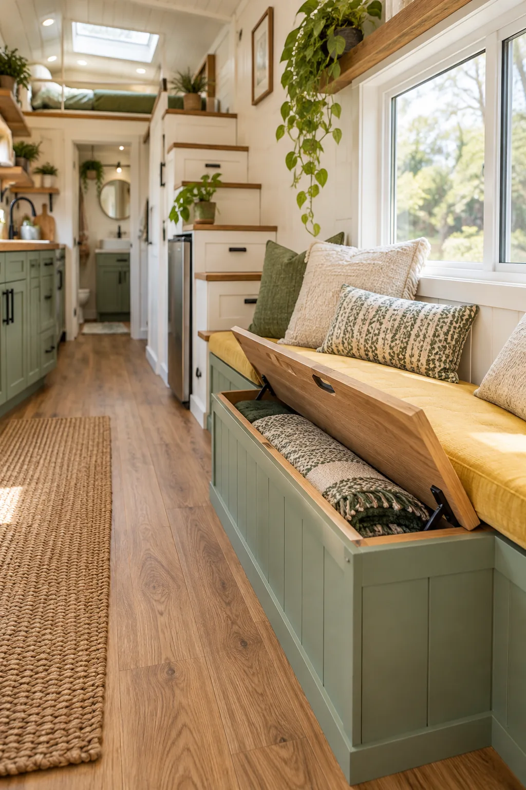 Bright tiny house interior looking down the wooden center floor toward a green galley kitchen and storage stairs.