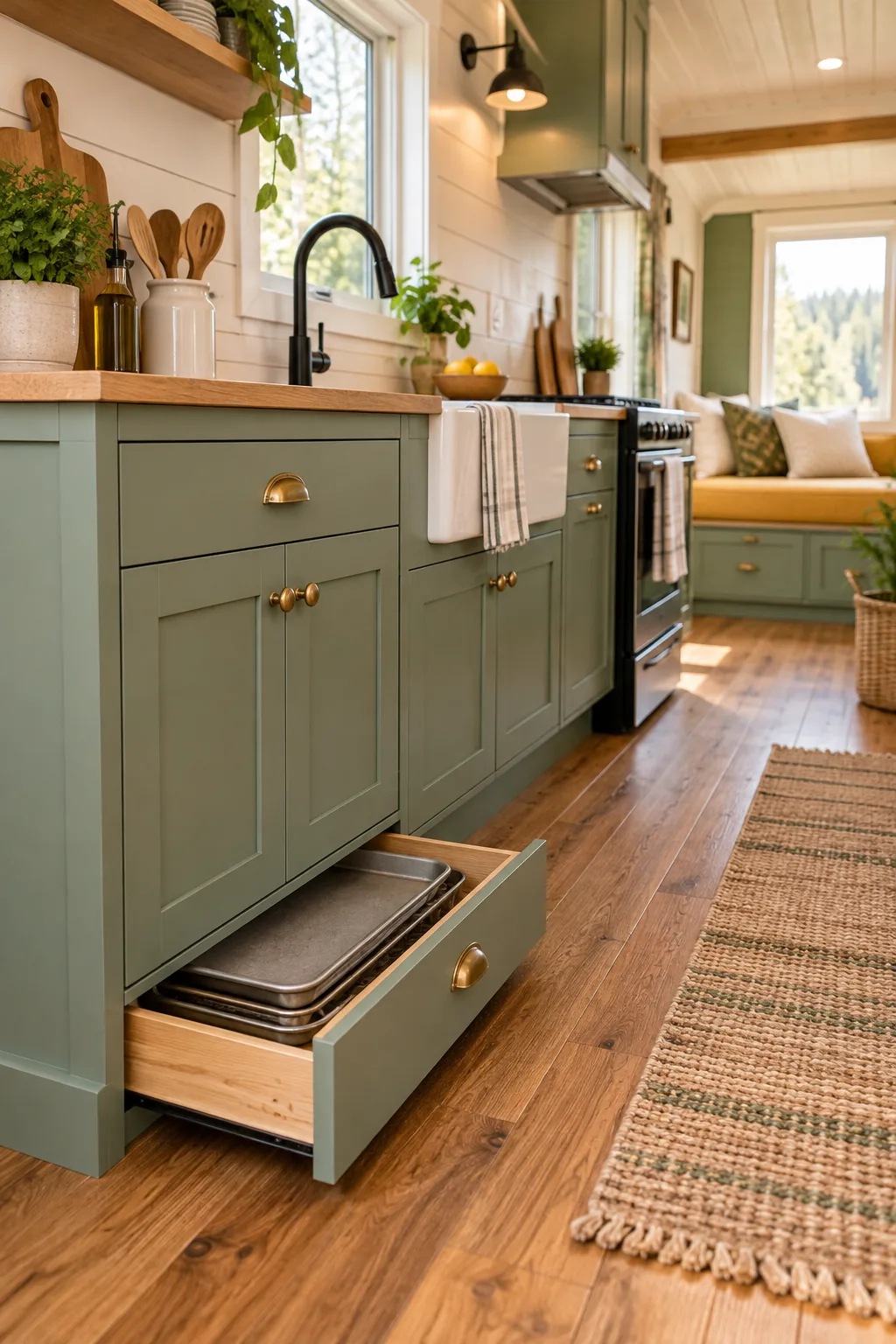 Yellow cushioned bench seat built over a wheel well with the wooden lid propped open.