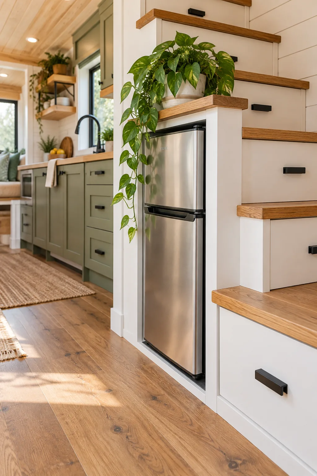 Shallow wooden drawer pulled out from the 4-inch toe-kick space beneath green kitchen cabinets, holding baking sheets.
