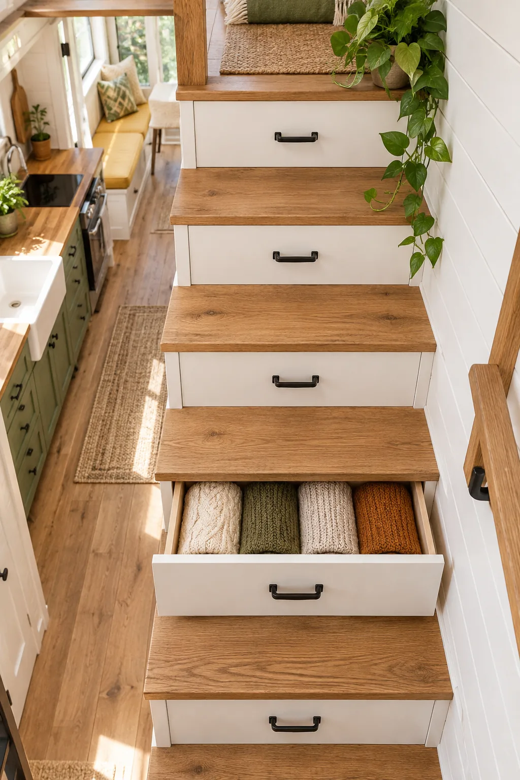 Stainless steel compact refrigerator recessed into the white painted base of a wooden staircase.