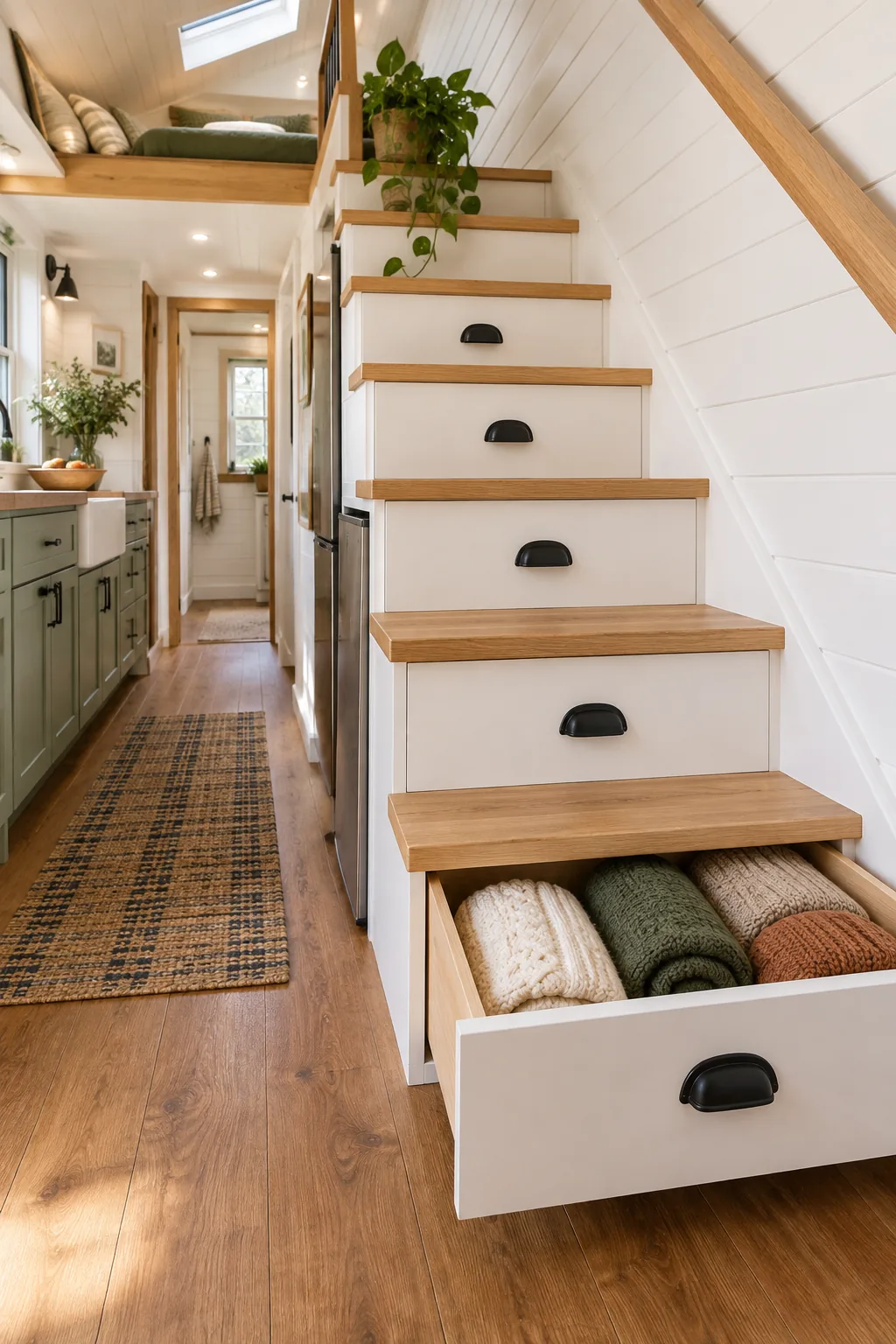 Wooden staircase with one 10-inch tread pulled out as a drawer, revealing folded clothes inside.