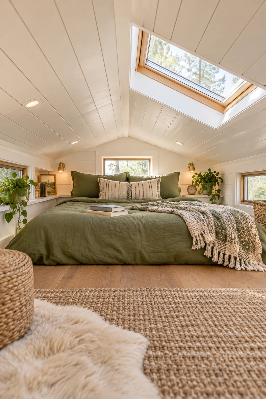 Sleeping loft with an olive green bed under a white shiplap ceiling, showing clear vertical space.