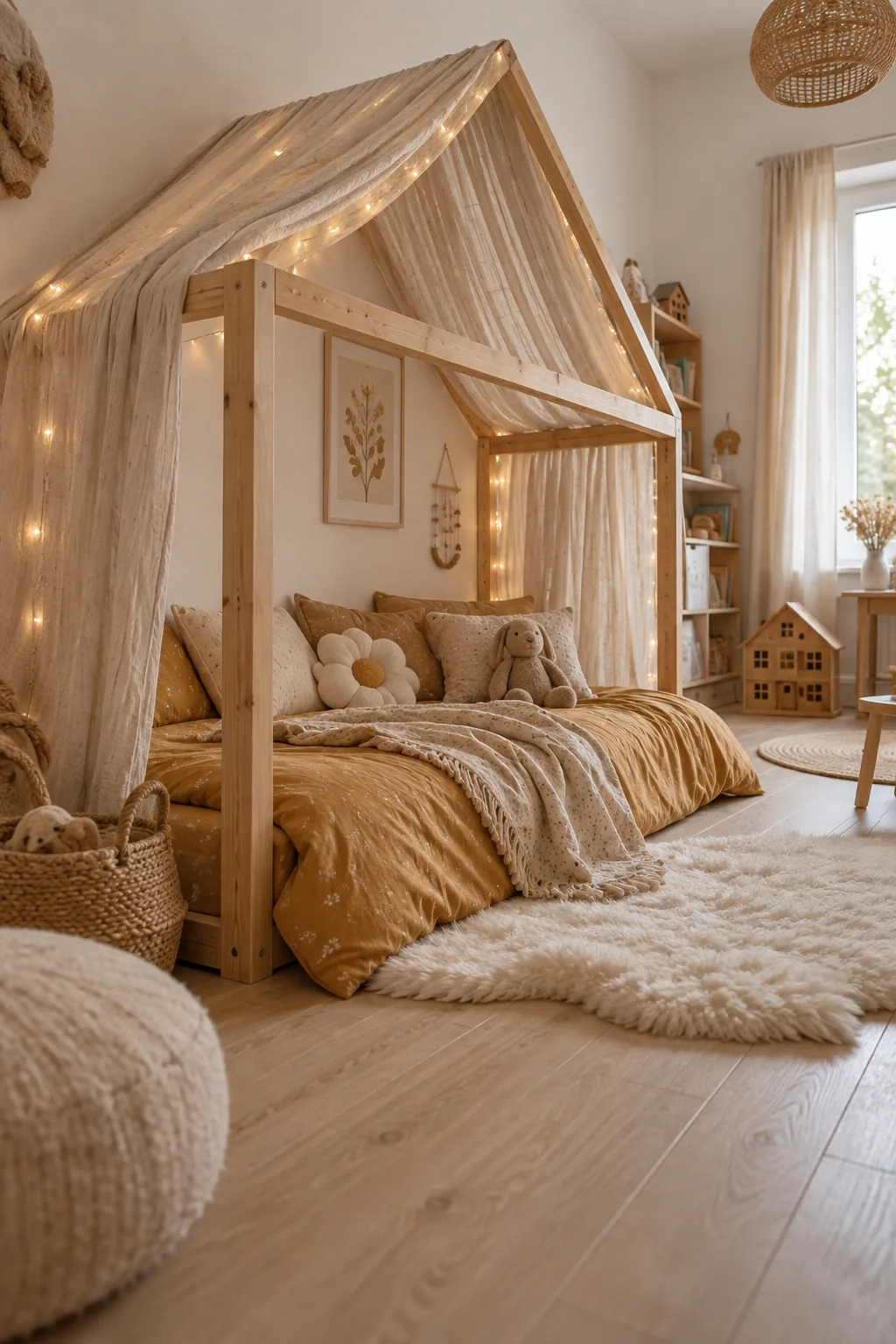 Wooden house frame floor bed with pink cotton sheets and a draped canopy
