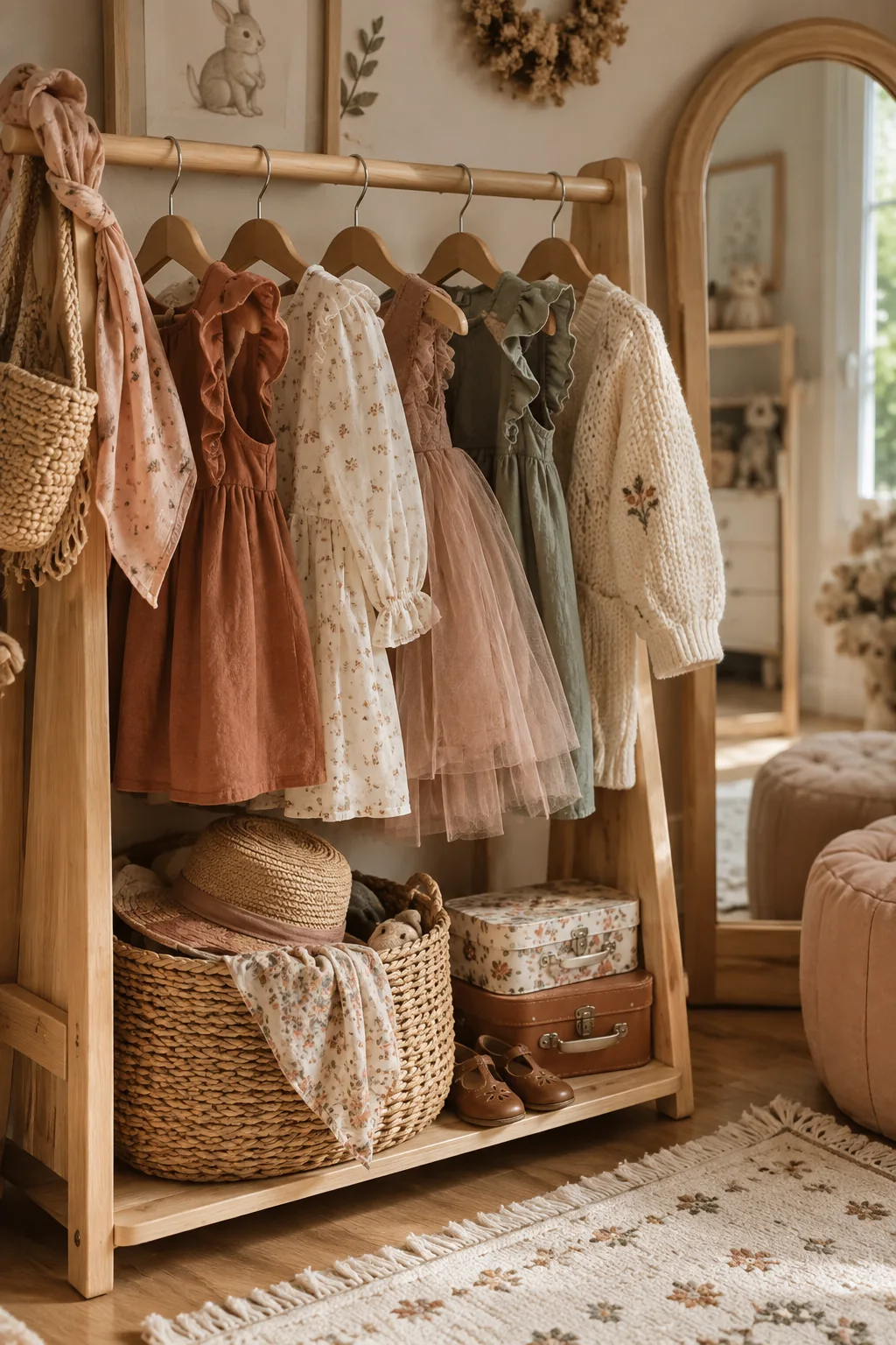 Low wooden clothing rack filled with toddler dresses next to a small floor mirror