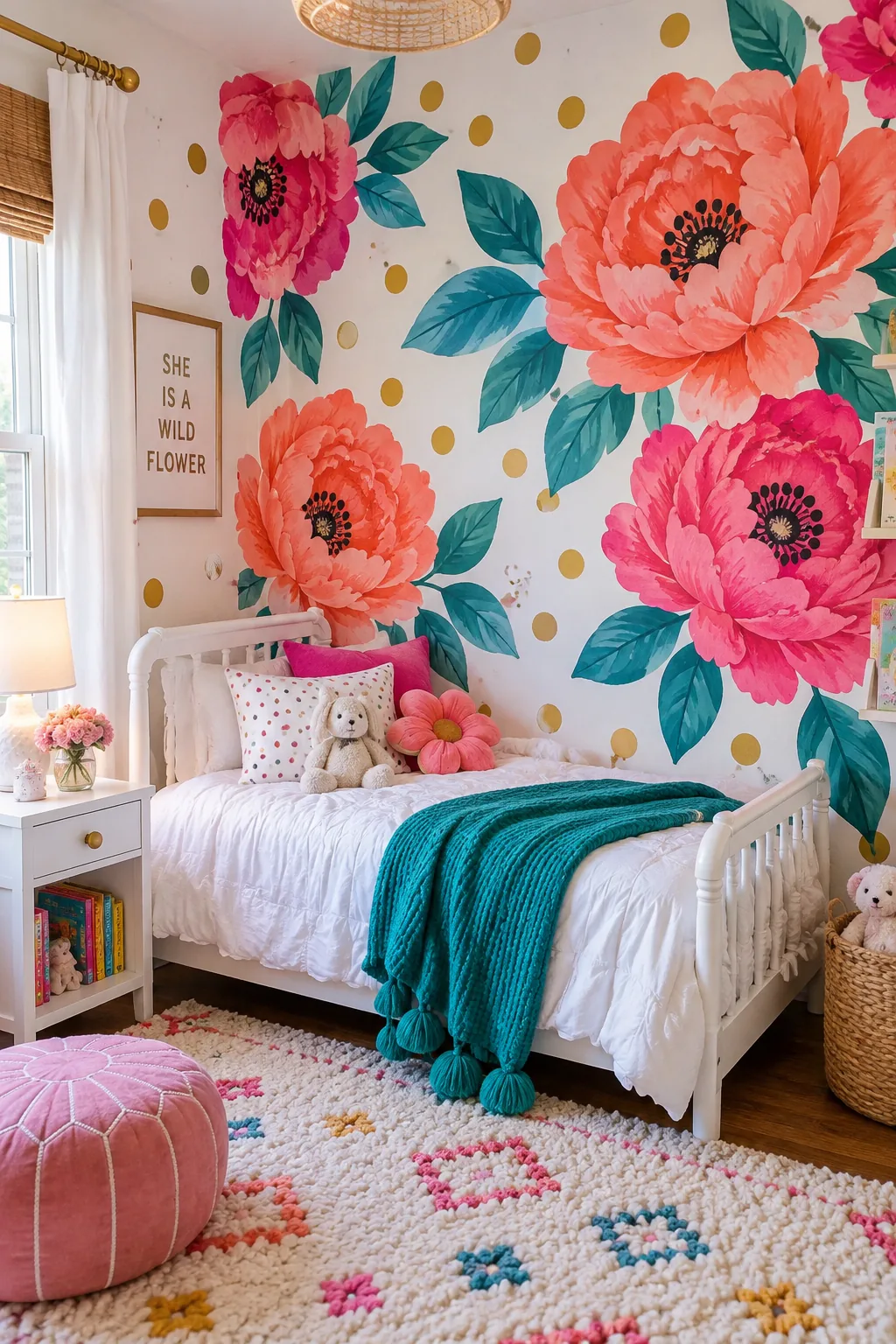 Large watercolor floral wall decals placed behind a toddler bed